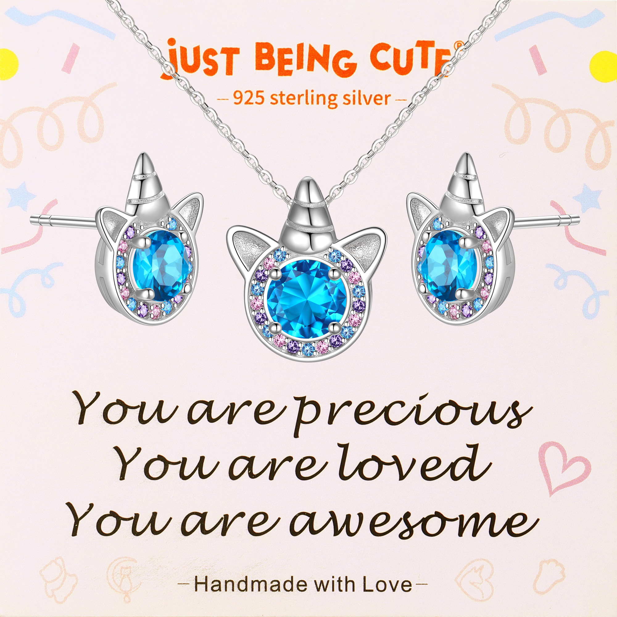 Just Being Cute Unicorn Gift Sets for Women, Cubic Zirconia Created Diamond Birthstone Pendant Necklace and Studs Earrings Unicorn Jewelry Sets Birthday Christmas Gifts