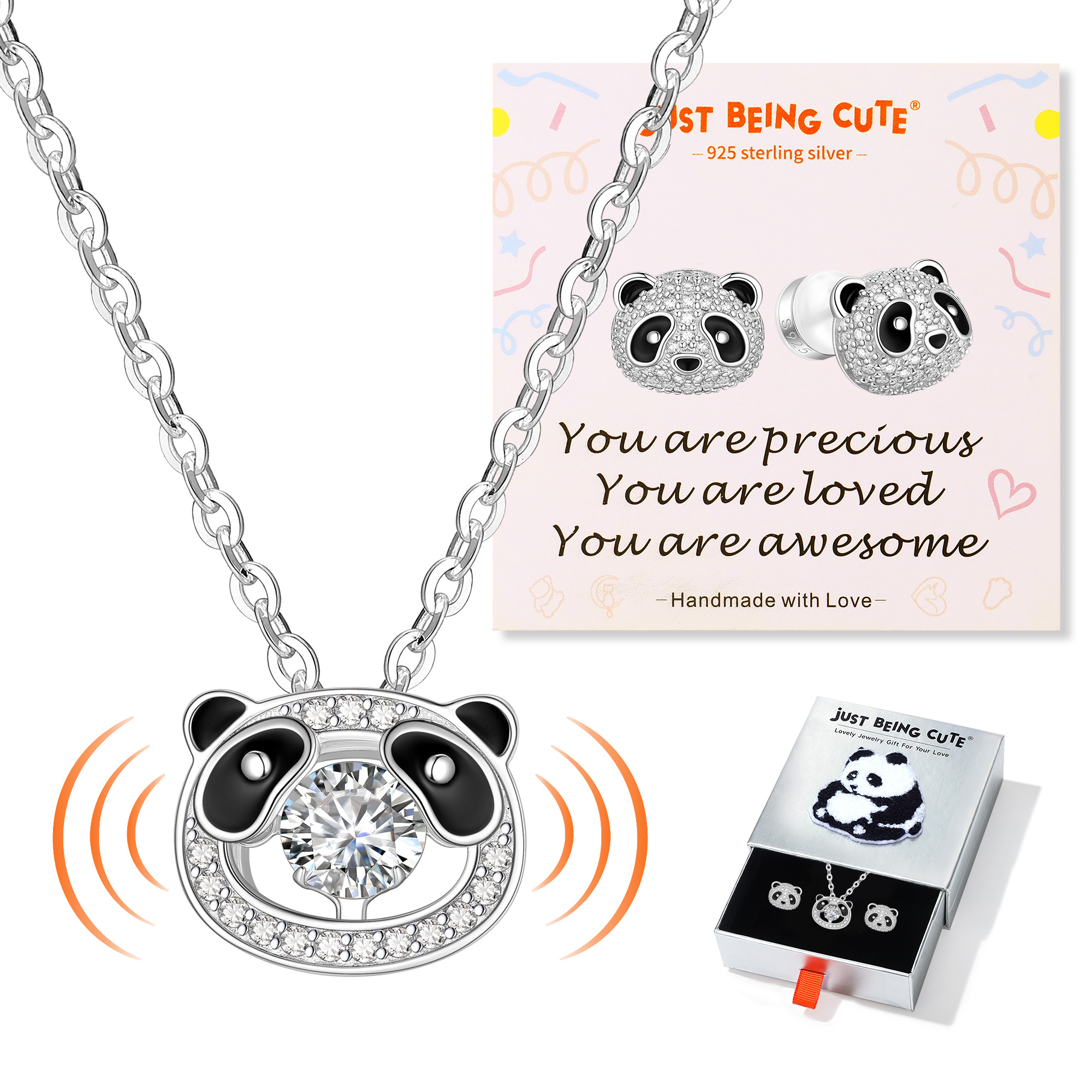 JustBeingCute Girls Necklace and Earrings Set, Plated 925 Sterling Sliver Moissanite Pendant Necklaces Shinny CZ Stud Earrings Birthday Christmas Panda Jewelry Gifts with Card