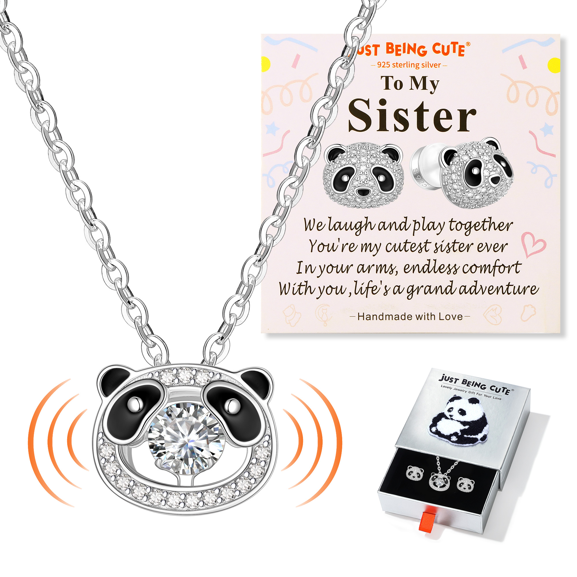 JustBeingCute Girls Necklace and Earrings Set, Plated 925 Sterling Sliver Moissanite Pendant Necklaces Shinny CZ Stud Earrings Birthday Christmas Panda Jewelry Gifts with Card