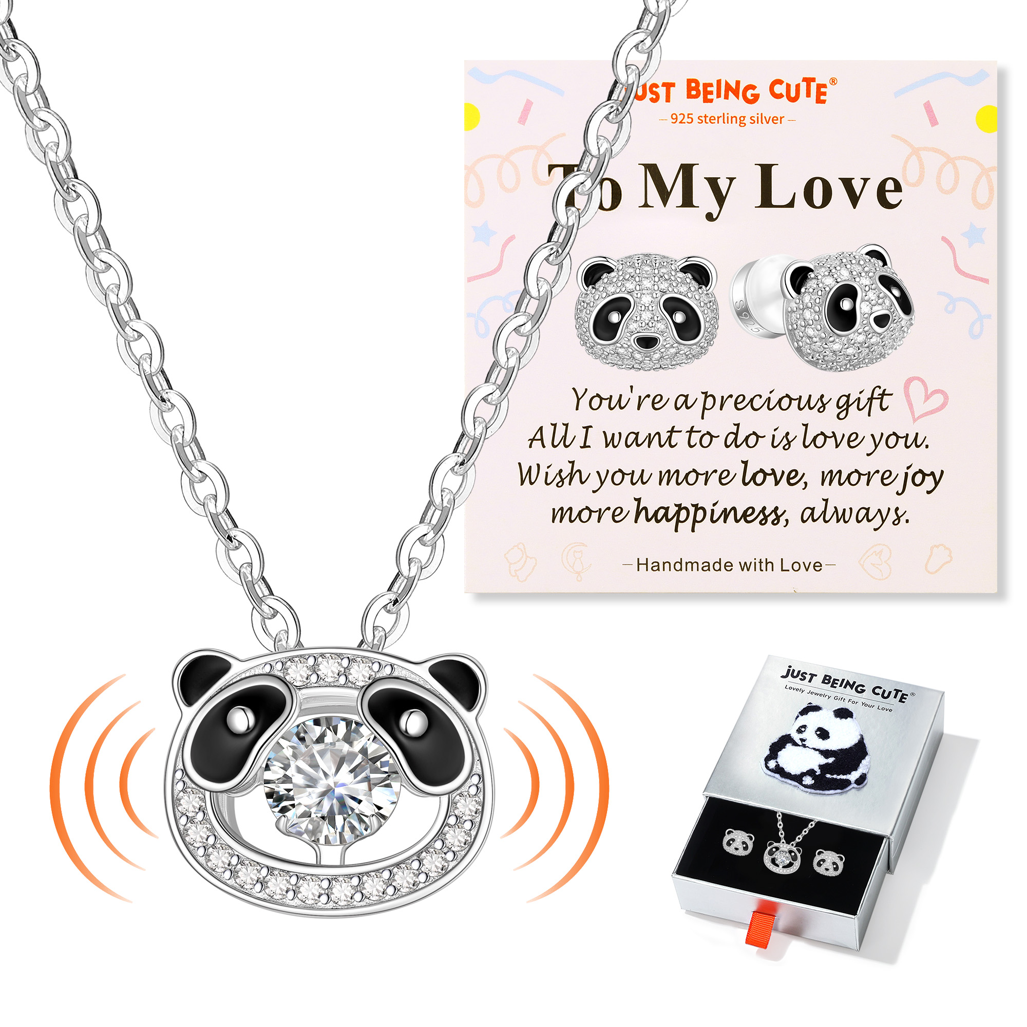 JustBeingCute Girls Necklace and Earrings Set, Plated 925 Sterling Sliver Moissanite Pendant Necklaces Shinny CZ Stud Earrings Birthday Christmas Panda Jewelry Gifts with Card