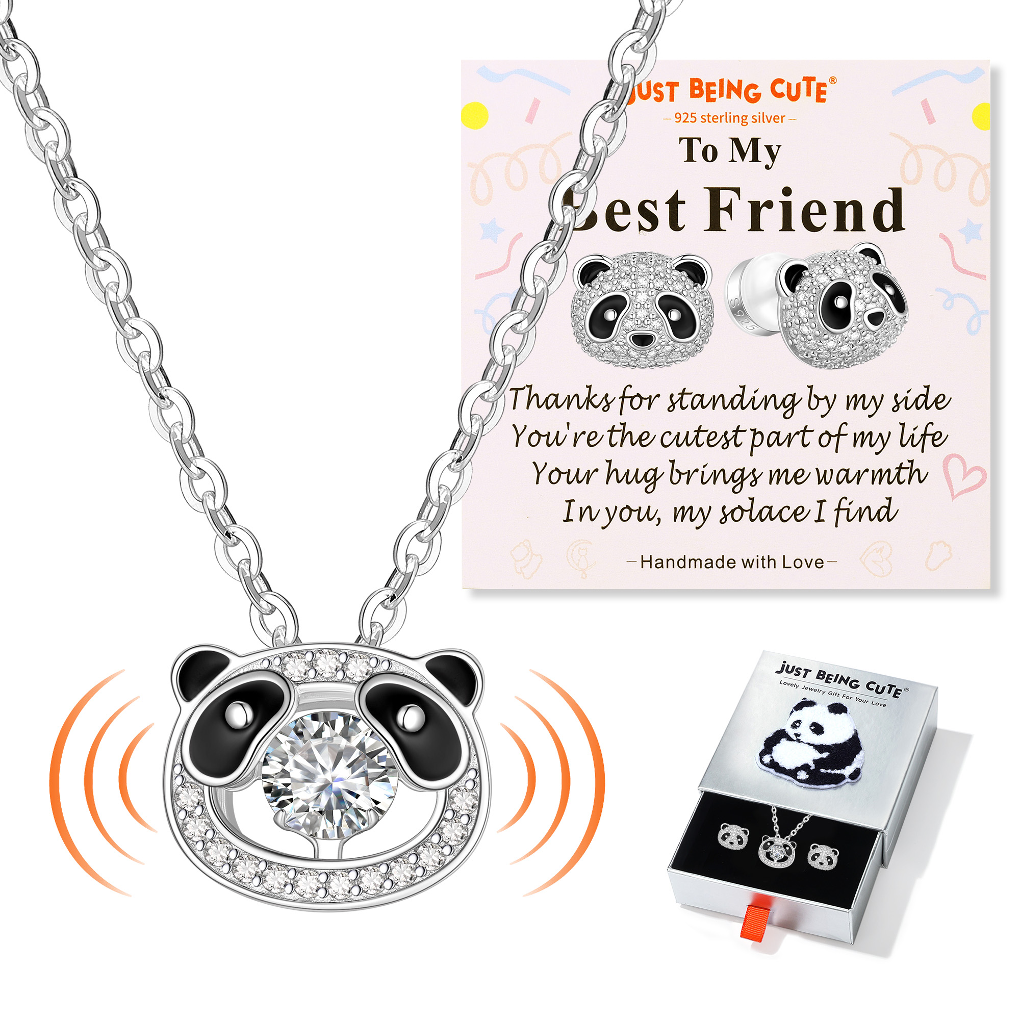 JustBeingCute Girls Necklace and Earrings Set, Plated 925 Sterling Sliver Moissanite Pendant Necklaces Shinny CZ Stud Earrings Birthday Christmas Panda Jewelry Gifts with Card