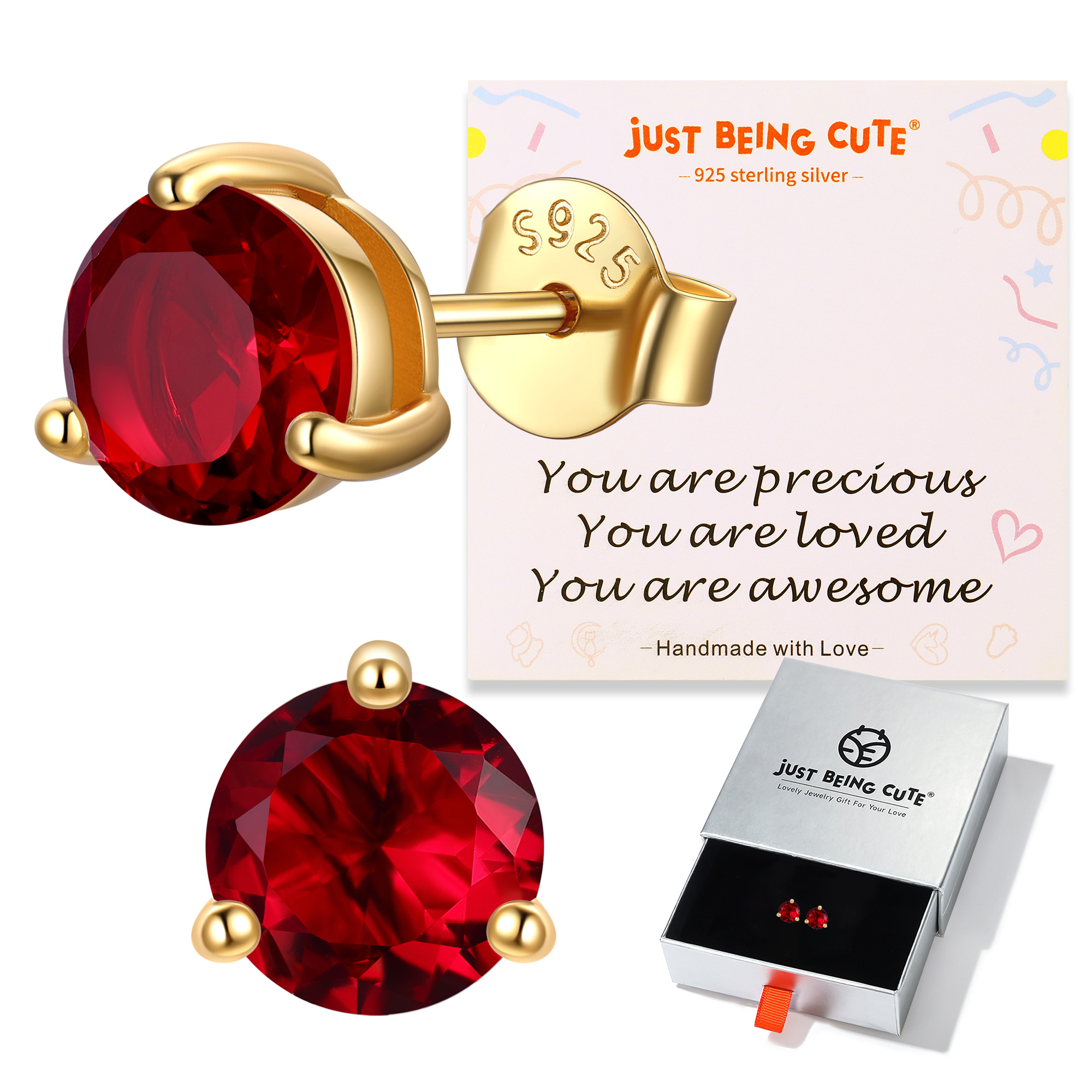Just Being Cute 3-Prong Sterling Silver Earrings for Women, Round Cut Colorful Cubic Zirconia Earring Studs Valentine's Day Jewelry Gifts for Her Wife with Card