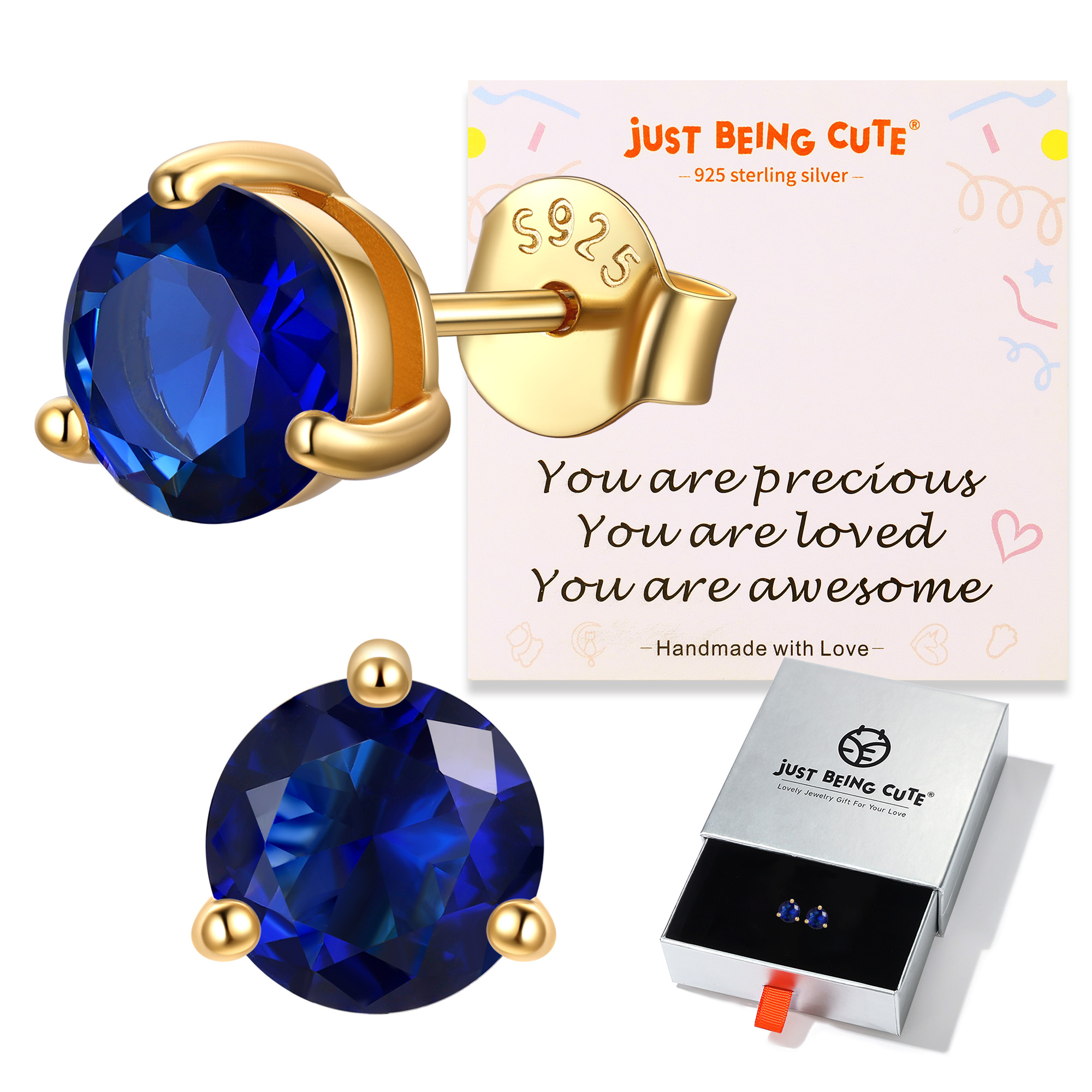 Just Being Cute 3-Prong Sterling Silver Earrings for Women, Round Cut Colorful Cubic Zirconia Earring Studs Valentine's Day Jewelry Gifts for Her Wife with Card
