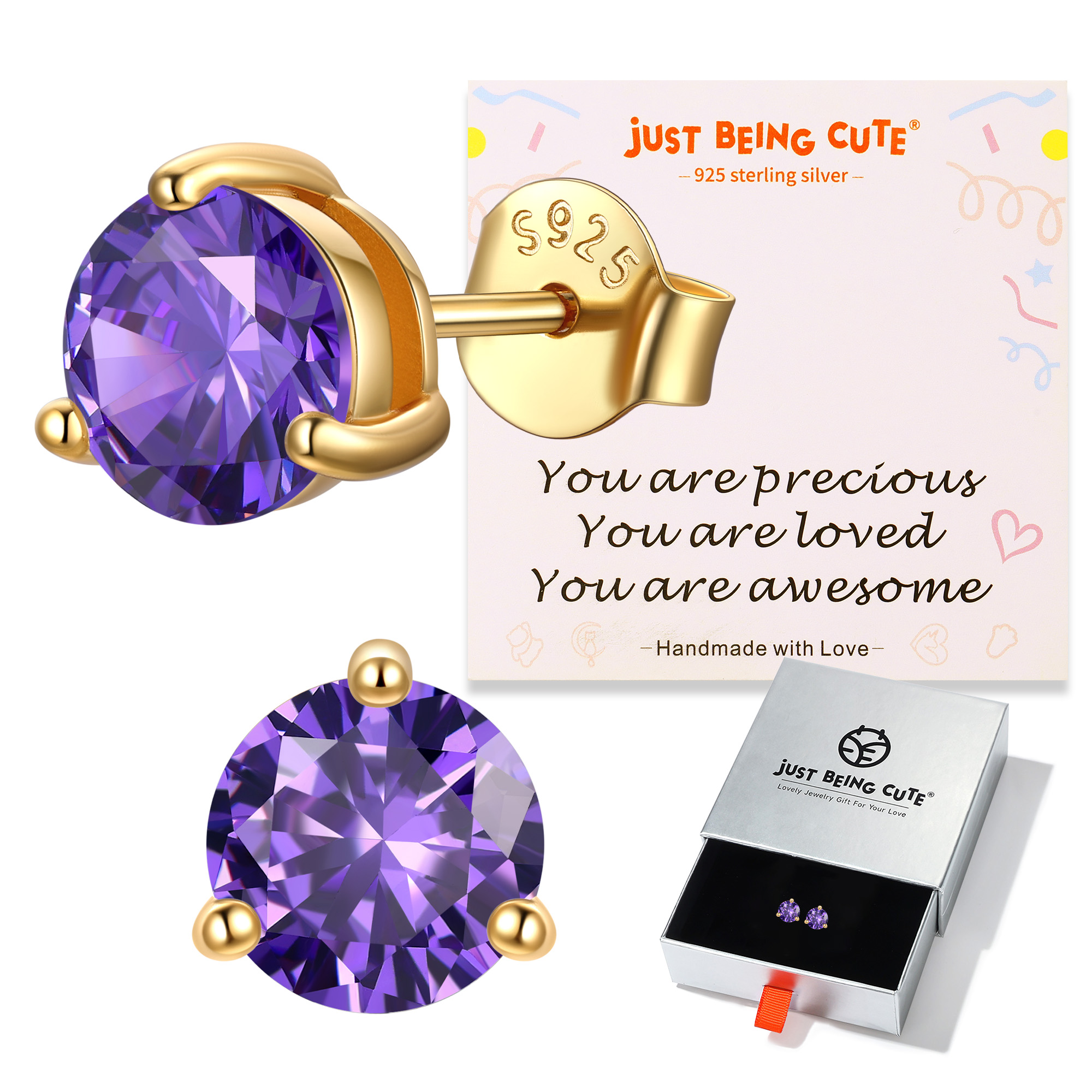 Just Being Cute 3-Prong Sterling Silver Earrings for Women, Round Cut Colorful Cubic Zirconia Earring Studs Valentine's Day Jewelry Gifts for Her Wife with Card