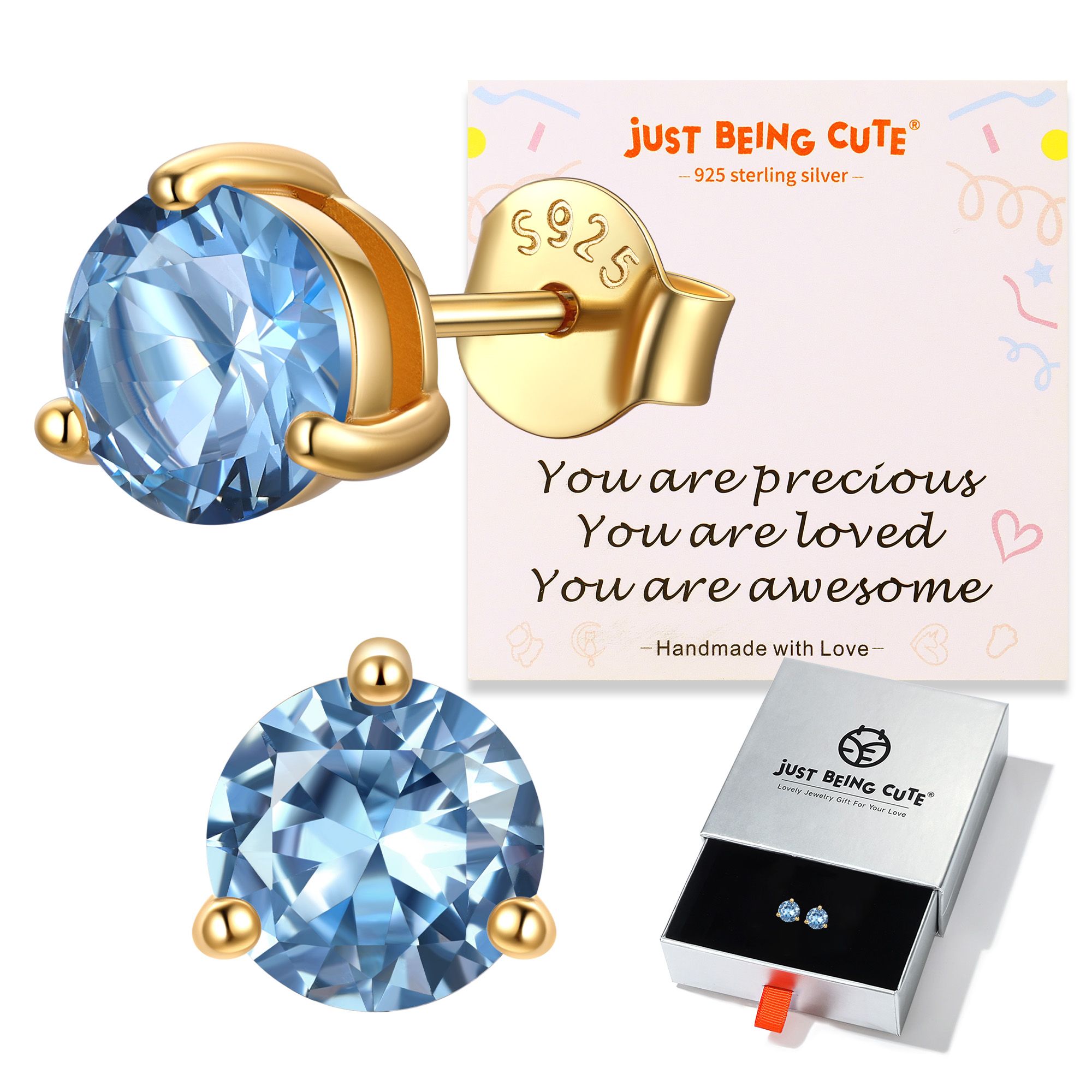 Just Being Cute 3-Prong Sterling Silver Earrings for Women, Round Cut Colorful Cubic Zirconia Earring Studs Valentine's Day Jewelry Gifts for Her Wife with Card