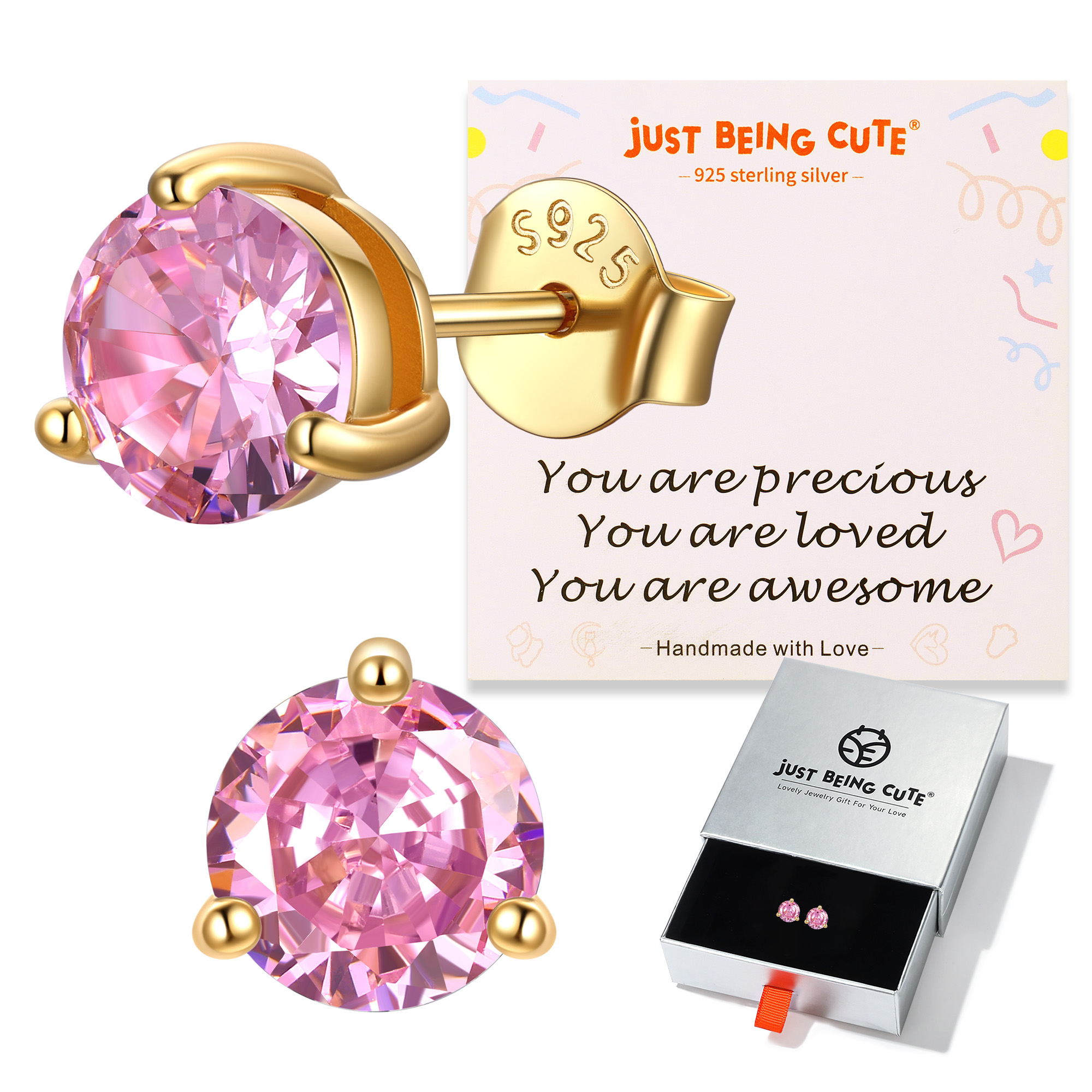 Just Being Cute 3-Prong Sterling Silver Earrings for Women, Round Cut Colorful Cubic Zirconia Earring Studs Valentine's Day Jewelry Gifts for Her Wife with Card