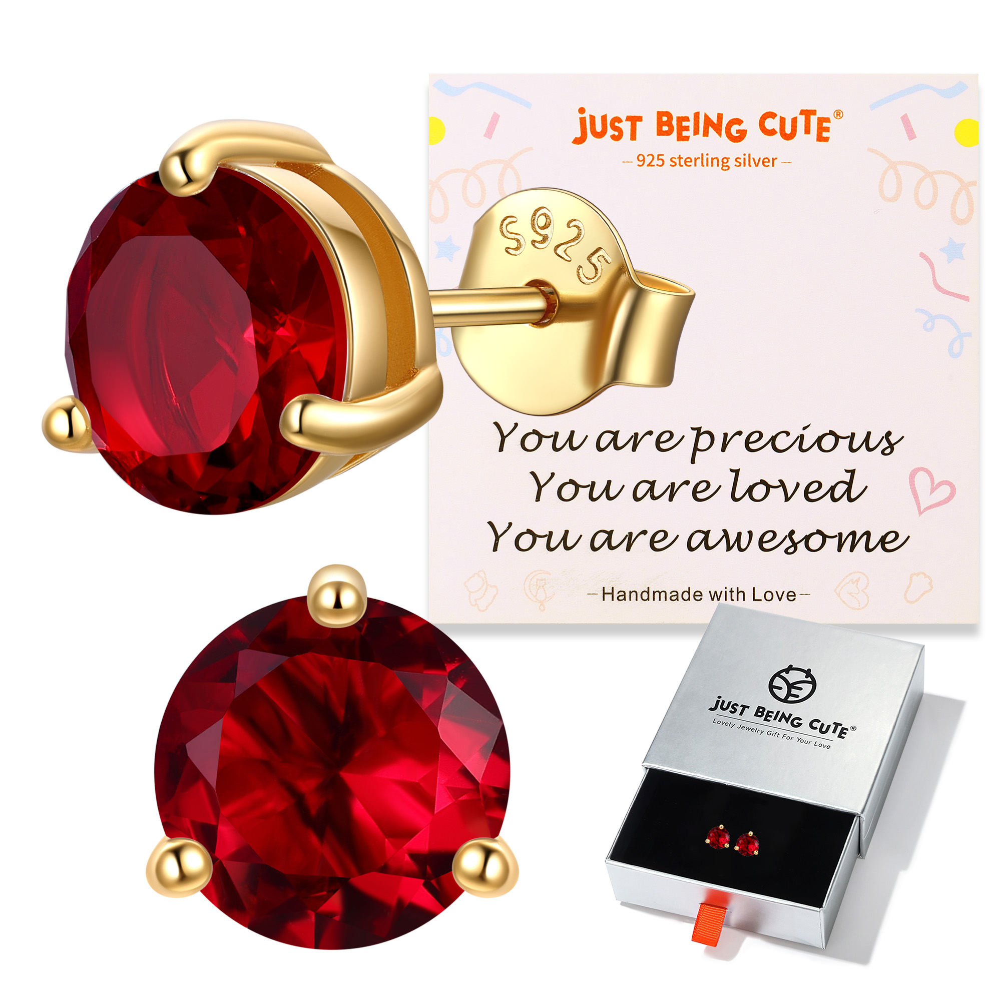 Just Being Cute 3-Prong Sterling Silver Earrings for Women, Round Cut Colorful Cubic Zirconia Earring Studs Valentine's Day Jewelry Gifts for Her Wife with Card