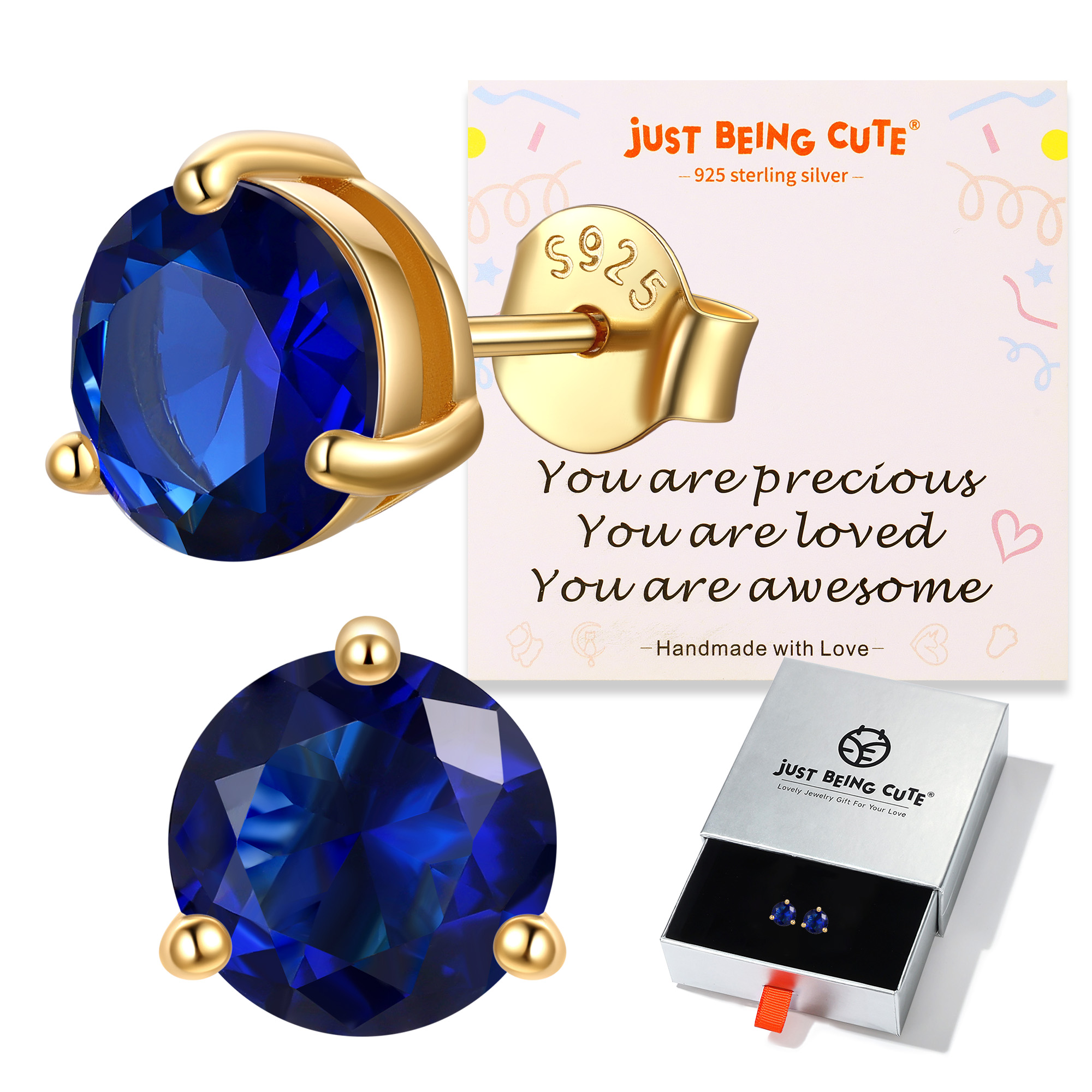 Just Being Cute 3-Prong Sterling Silver Earrings for Women, Round Cut Colorful Cubic Zirconia Earring Studs Valentine's Day Jewelry Gifts for Her Wife with Card
