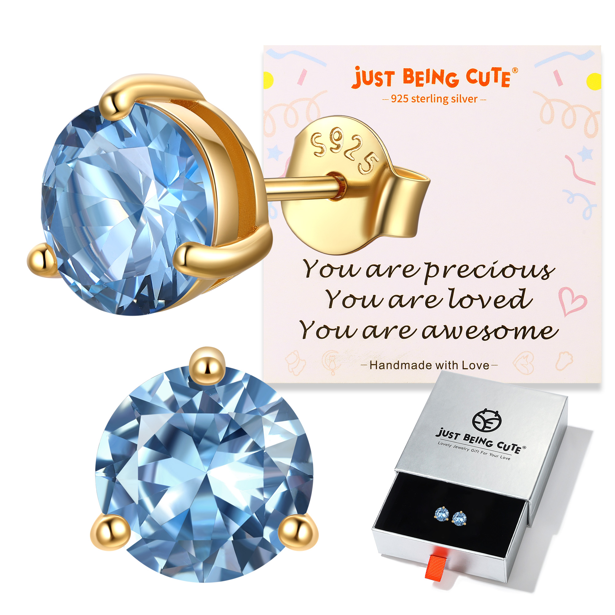Just Being Cute 3-Prong Sterling Silver Earrings for Women, Round Cut Colorful Cubic Zirconia Earring Studs Valentine's Day Jewelry Gifts for Her Wife with Card
