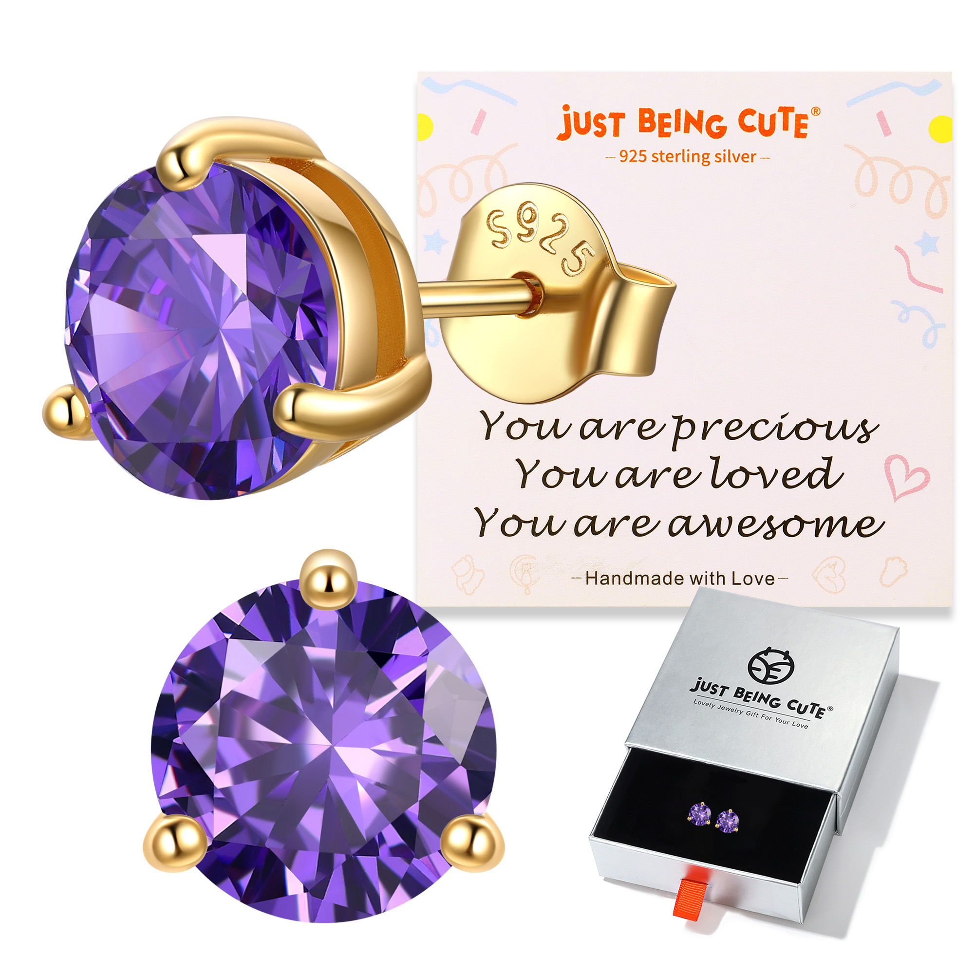 Just Being Cute 3-Prong Sterling Silver Earrings for Women, Round Cut Colorful Cubic Zirconia Earring Studs Valentine's Day Jewelry Gifts for Her Wife with Card