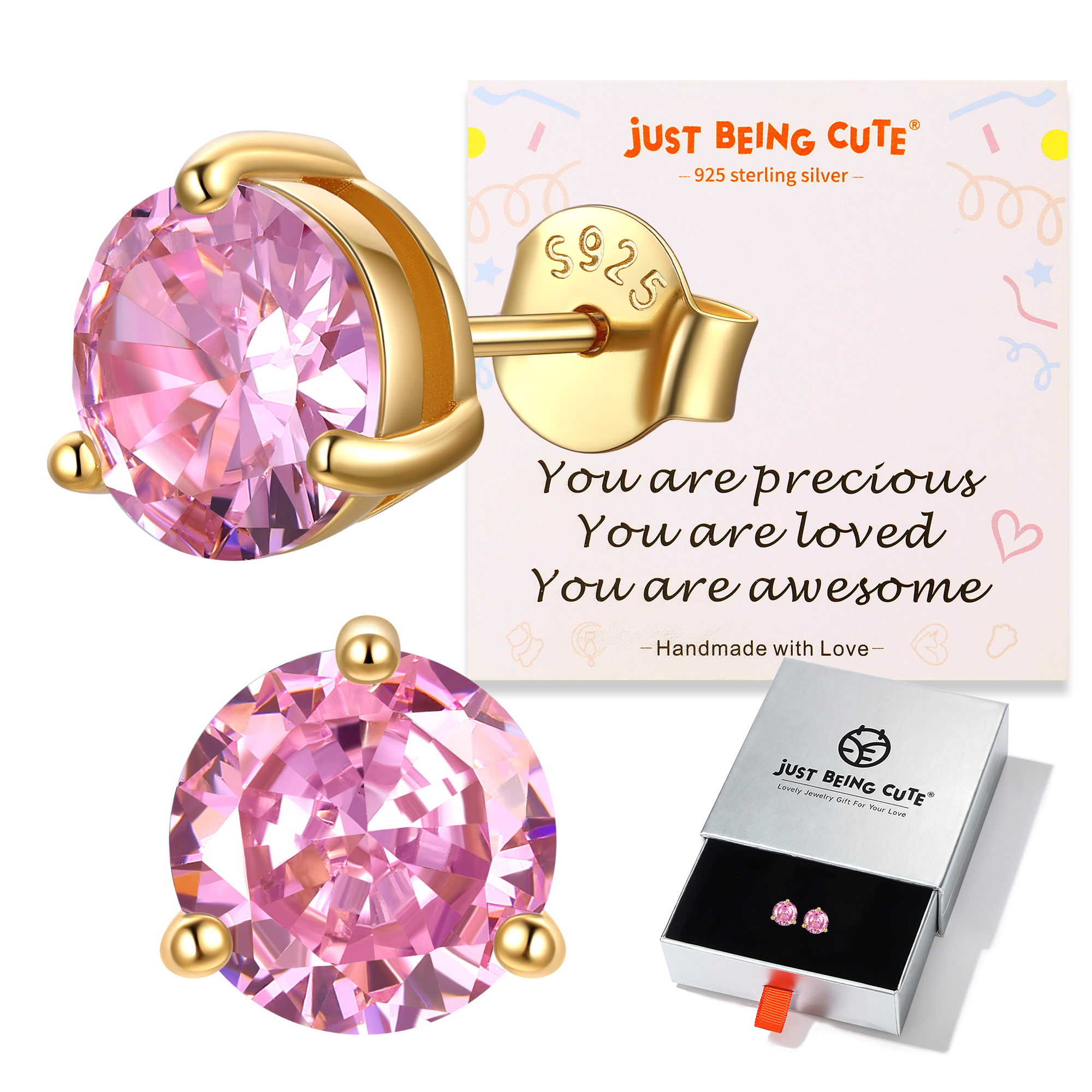 Just Being Cute 3-Prong Sterling Silver Earrings for Women, Round Cut Colorful Cubic Zirconia Earring Studs Valentine's Day Jewelry Gifts for Her Wife with Card