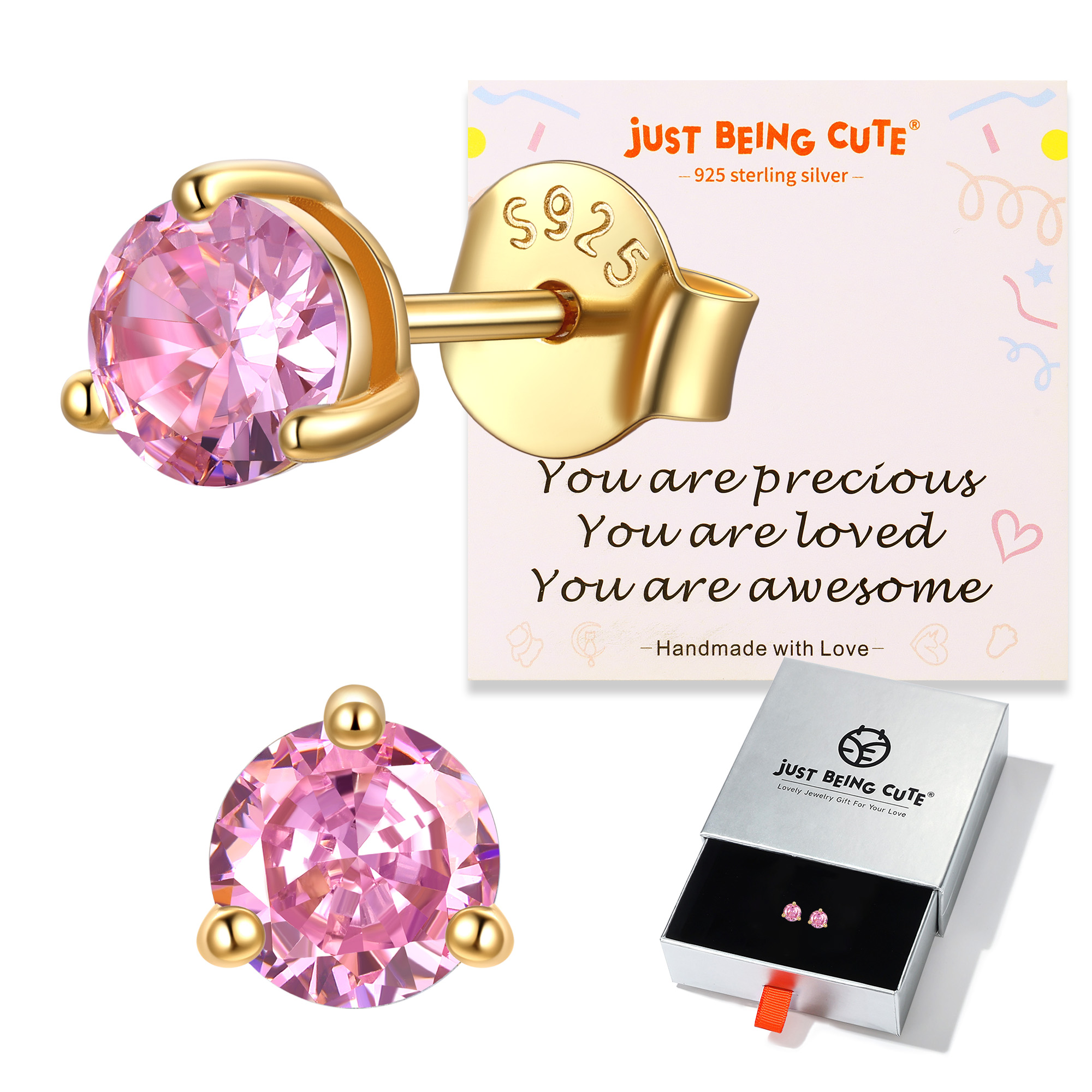 Just Being Cute 3-Prong Sterling Silver Earrings for Women, Round Cut Colorful Cubic Zirconia Earring Studs Valentine's Day Jewelry Gifts for Her Wife with Card