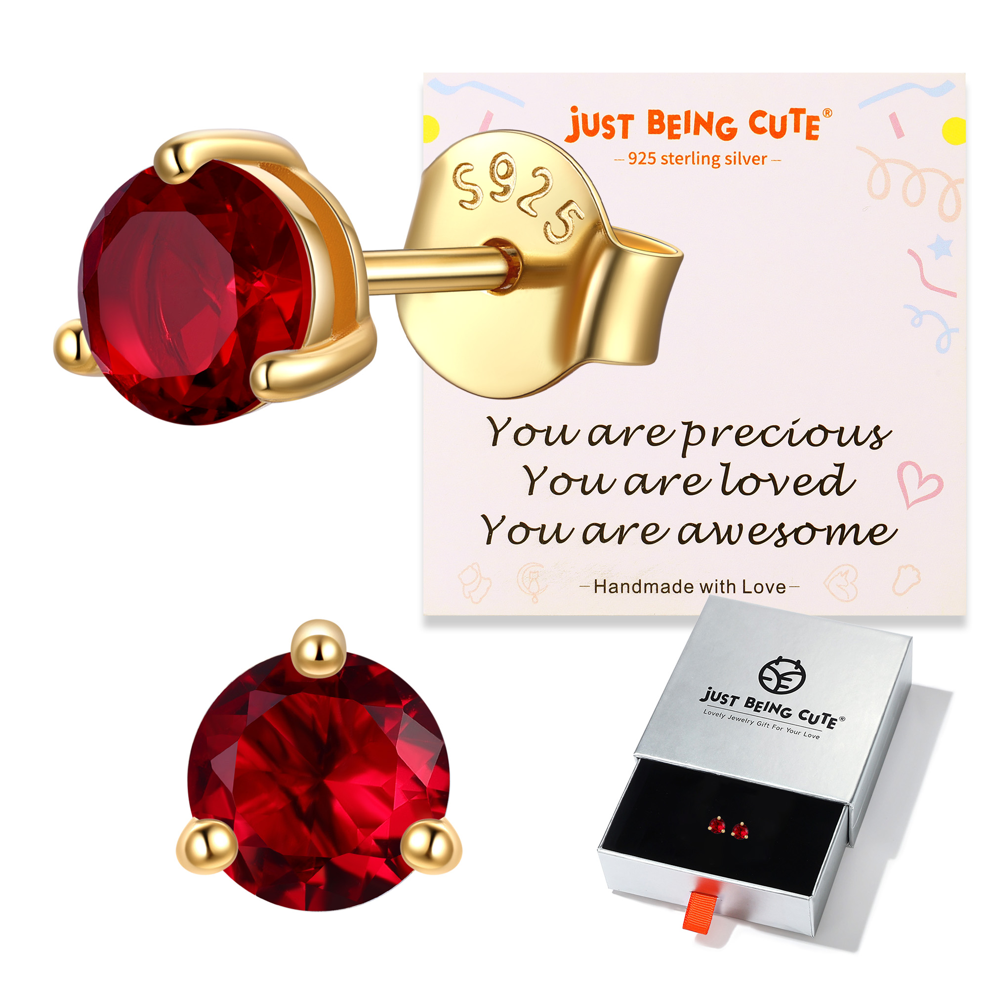 Just Being Cute 3-Prong Sterling Silver Earrings for Women, Round Cut Colorful Cubic Zirconia Earring Studs Valentine's Day Jewelry Gifts for Her Wife with Card