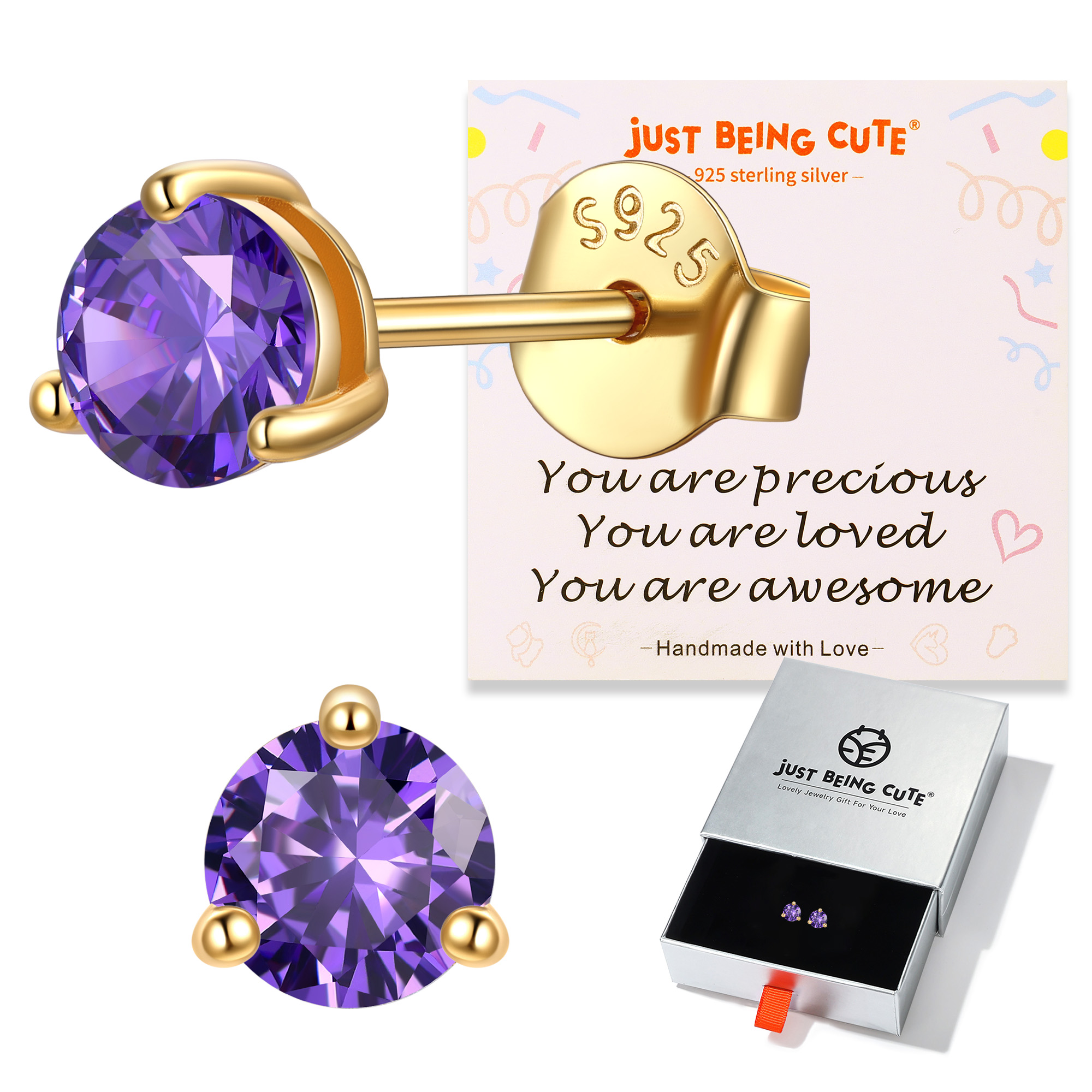 Just Being Cute 3-Prong Sterling Silver Earrings for Women, Round Cut Colorful Cubic Zirconia Earring Studs Valentine's Day Jewelry Gifts for Her Wife with Card