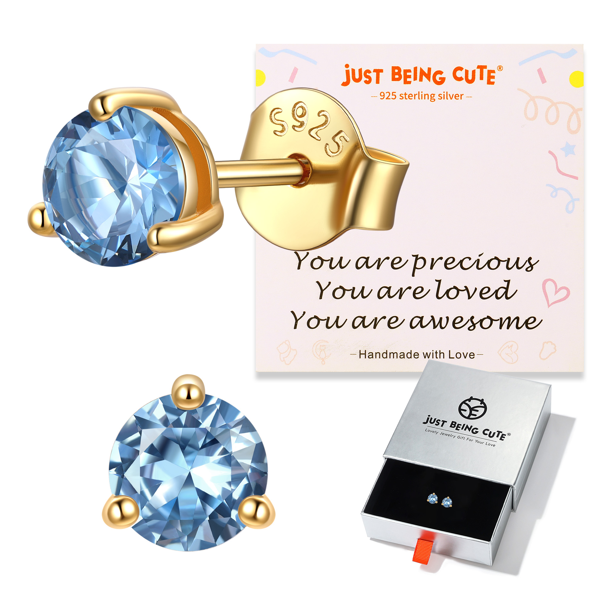 Just Being Cute 3-Prong Sterling Silver Earrings for Women, Round Cut Colorful Cubic Zirconia Earring Studs Valentine's Day Jewelry Gifts for Her Wife with Card