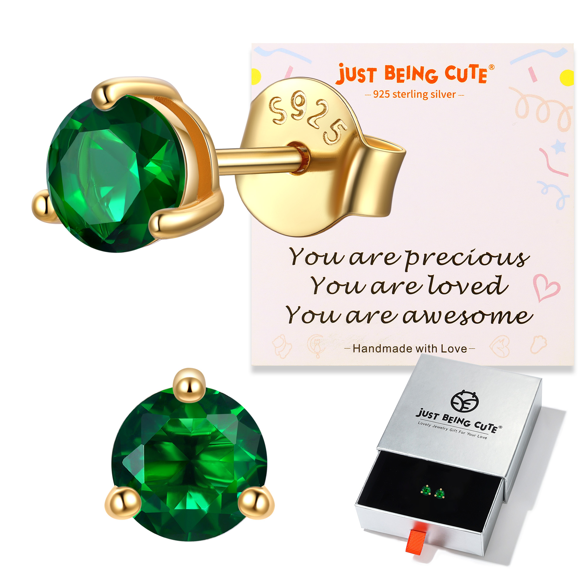 Just Being Cute 3-Prong Sterling Silver Earrings for Women, Round Cut Colorful Cubic Zirconia Earring Studs Valentine's Day Jewelry Gifts for Her Wife with Card