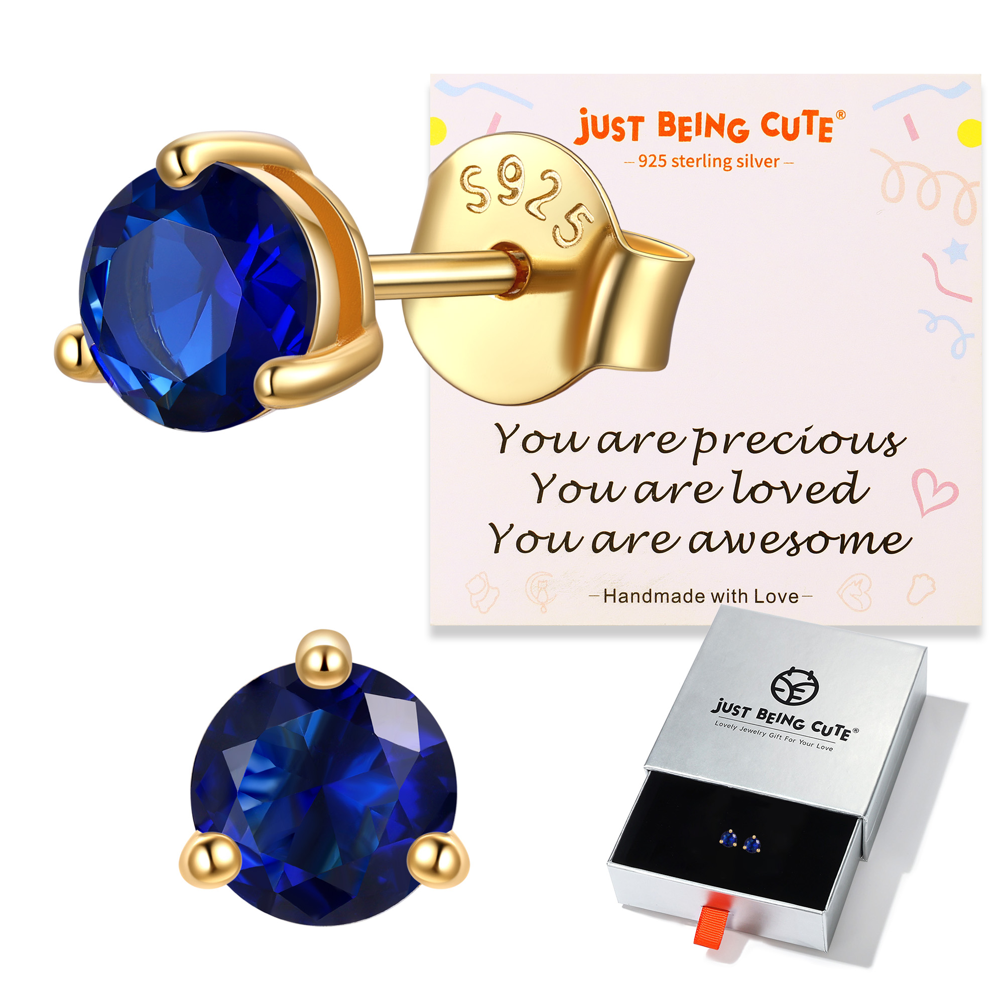 Just Being Cute 3-Prong Sterling Silver Earrings for Women, Round Cut Colorful Cubic Zirconia Earring Studs Valentine's Day Jewelry Gifts for Her Wife with Card
