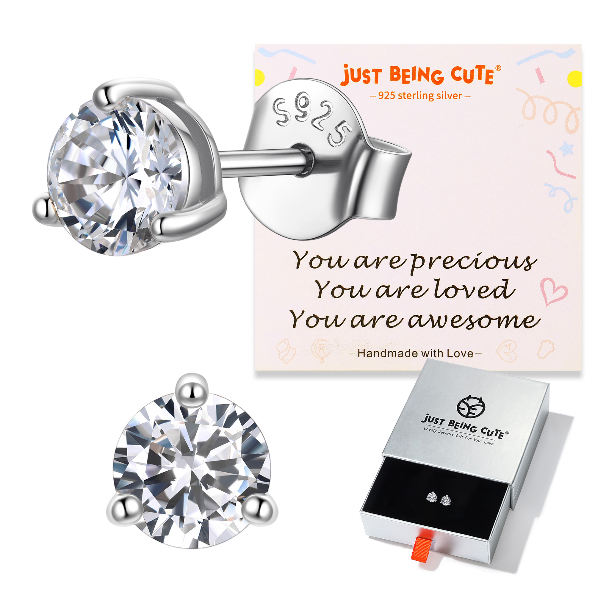 Just Being Cute 3-Prong Sterling Silver Earrings for Women, Round Cut Colorful Cubic Zirconia Earring Studs Valentine's Day Jewelry Gifts for Her Wife with Card
