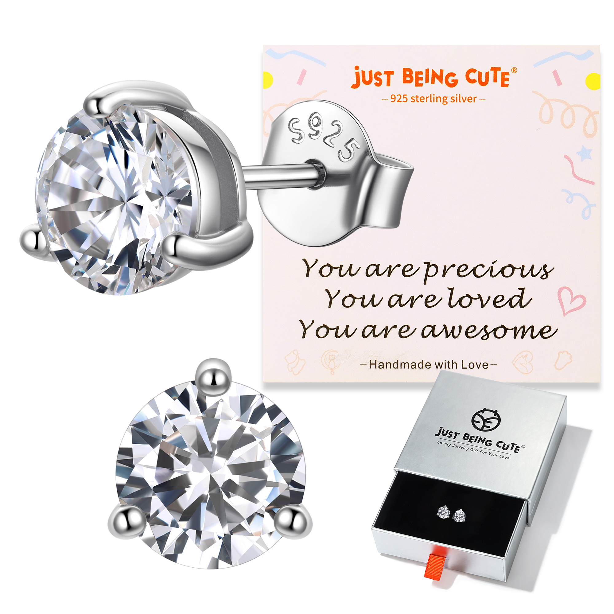 Just Being Cute 3-Prong Sterling Silver Earrings for Women, Round Cut Colorful Cubic Zirconia Earring Studs Valentine's Day Jewelry Gifts for Her Wife with Card