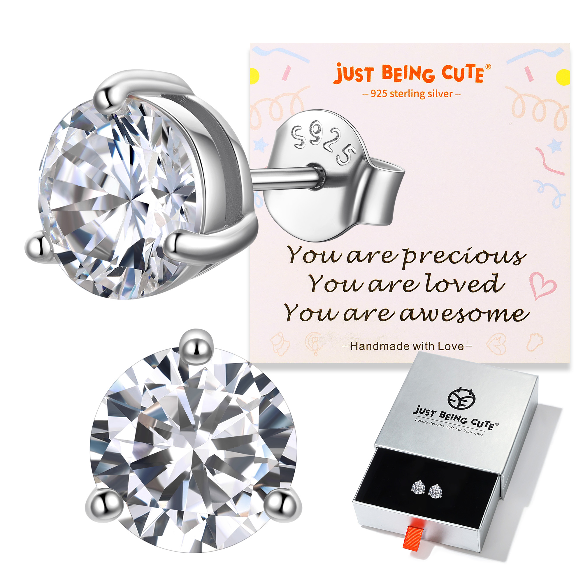 Just Being Cute 3-Prong Sterling Silver Earrings for Women, Round Cut Colorful Cubic Zirconia Earring Studs Valentine's Day Jewelry Gifts for Her Wife with Card