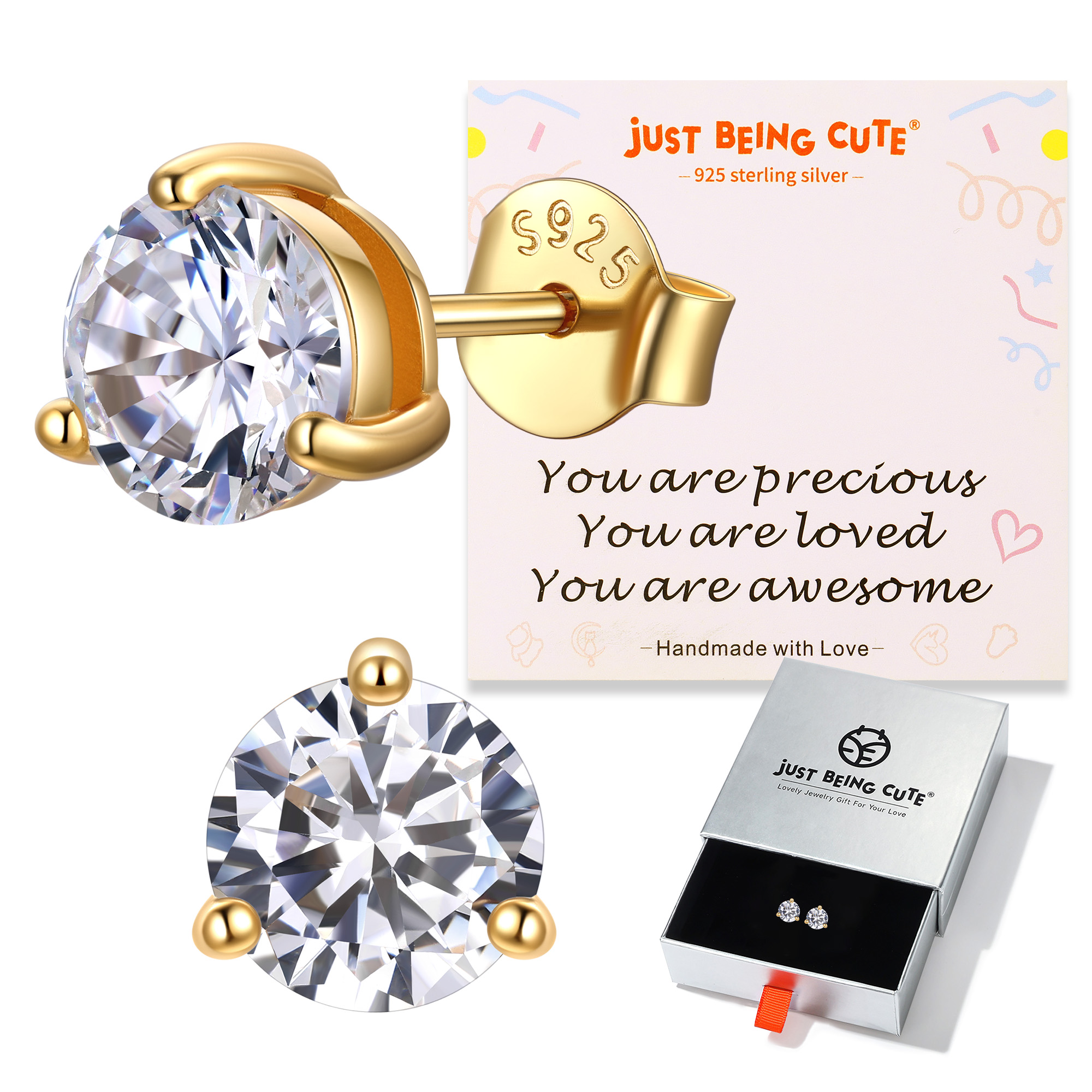 Just Being Cute 3-Prong Sterling Silver Earrings for Women, Round Cut Colorful Cubic Zirconia Earring Studs Valentine's Day Jewelry Gifts for Her Wife with Card