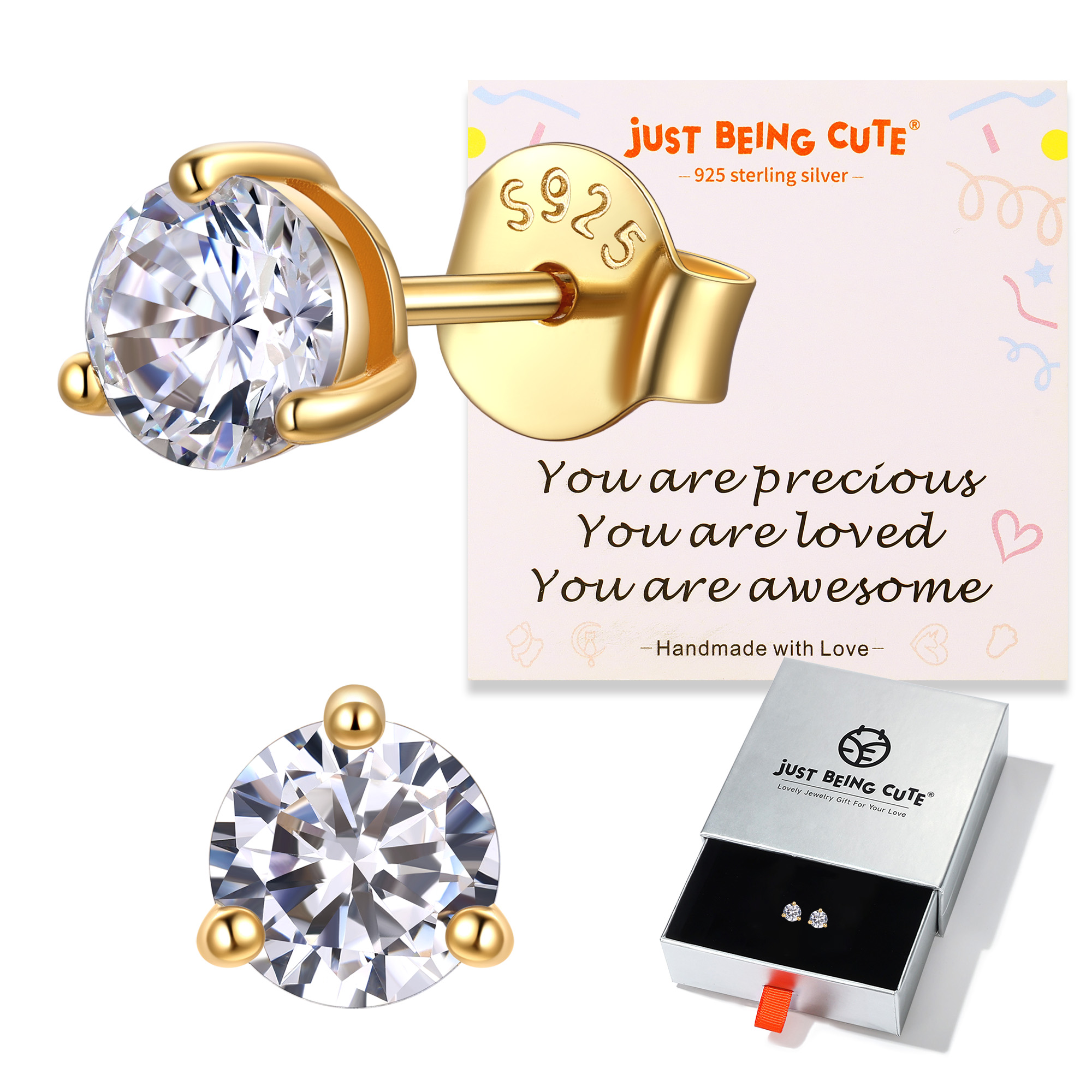 Just Being Cute 3-Prong Sterling Silver Earrings for Women, Round Cut Colorful Cubic Zirconia Earring Studs Valentine's Day Jewelry Gifts for Her Wife with Card