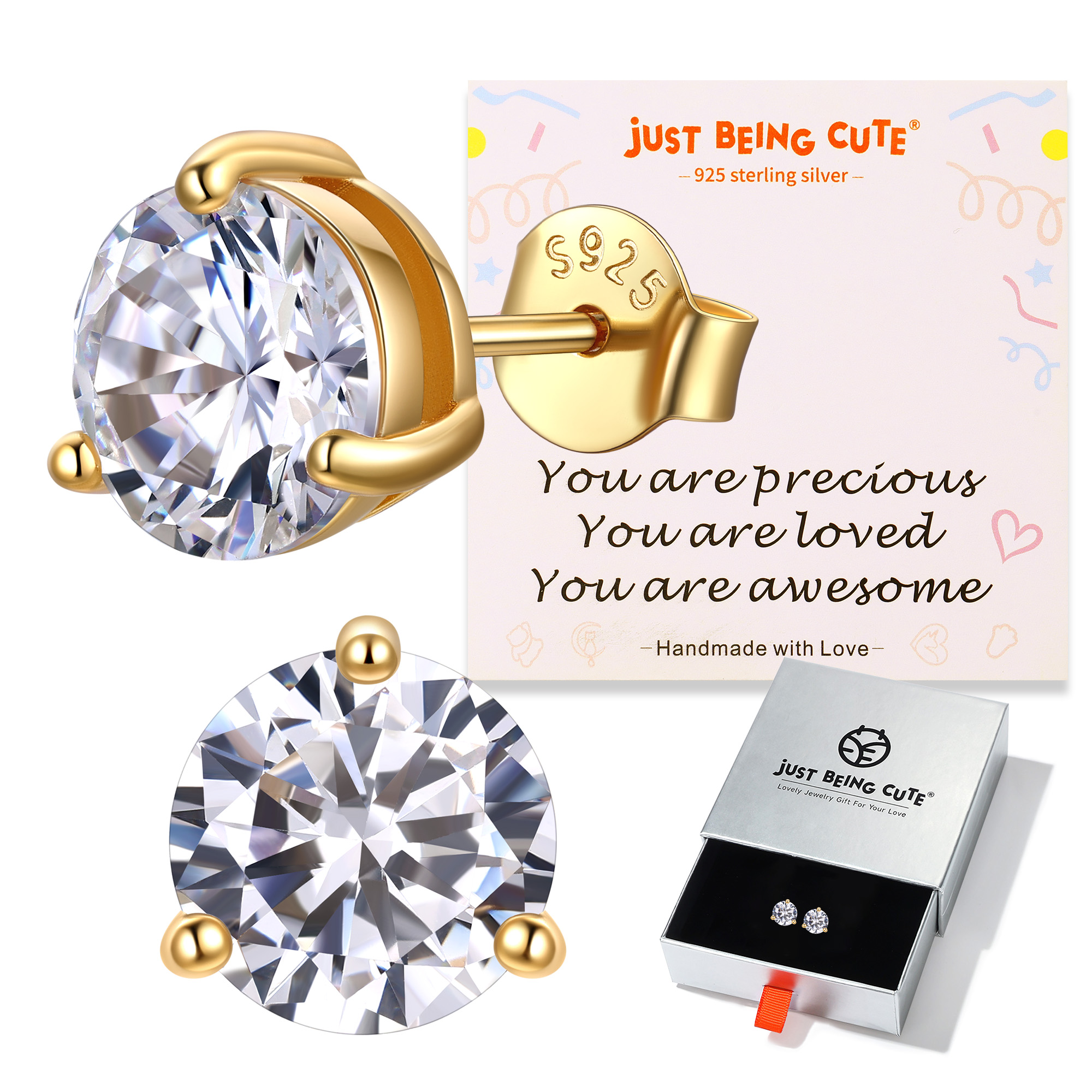 Just Being Cute 3-Prong Sterling Silver Earrings for Women, Round Cut Colorful Cubic Zirconia Earring Studs Valentine's Day Jewelry Gifts for Her Wife with Card