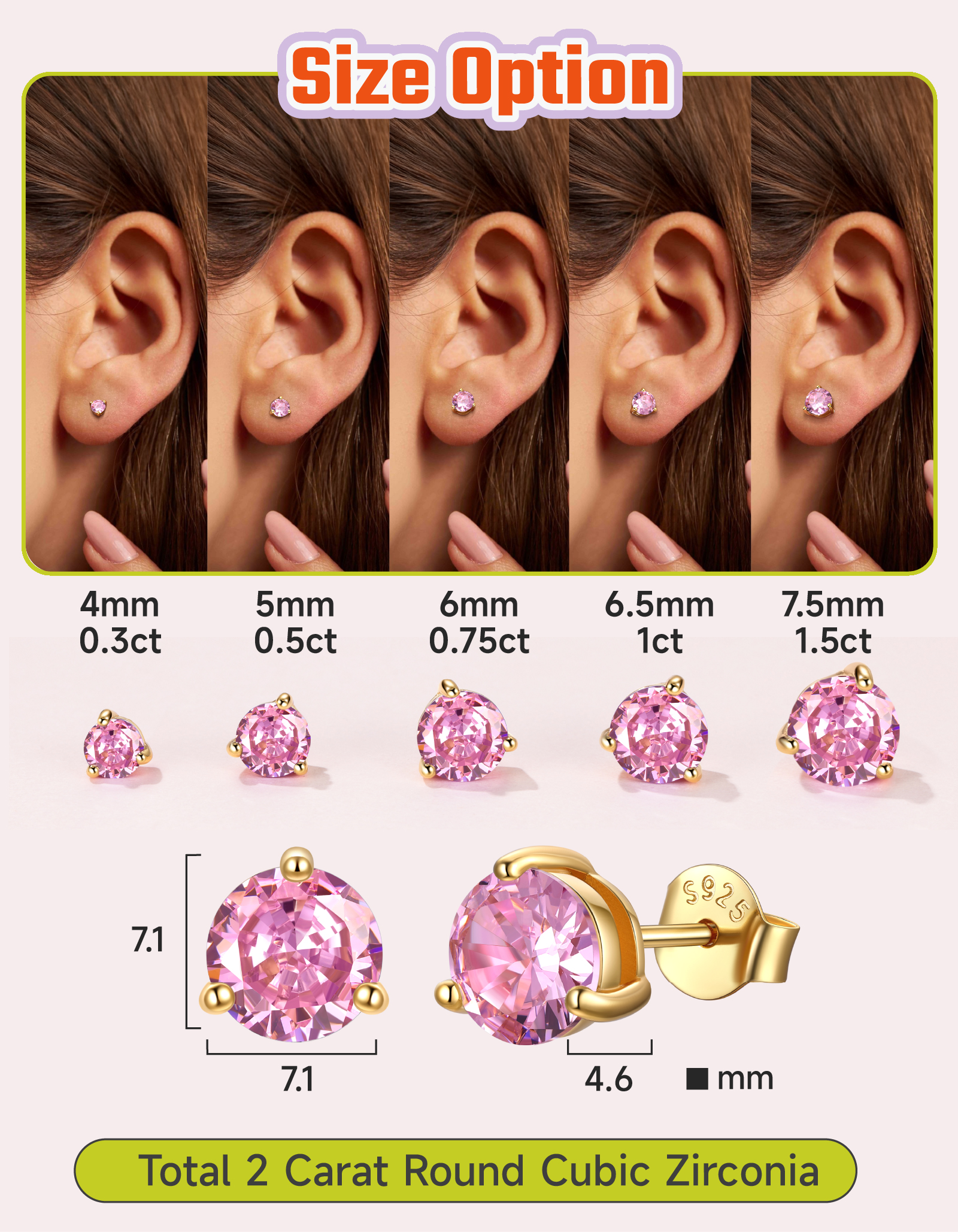 Just Being Cute 3-Prong Sterling Silver Earrings for Women, Round Cut Colorful Cubic Zirconia Earring Studs Valentine's Day Jewelry Gifts for Her Wife with Card