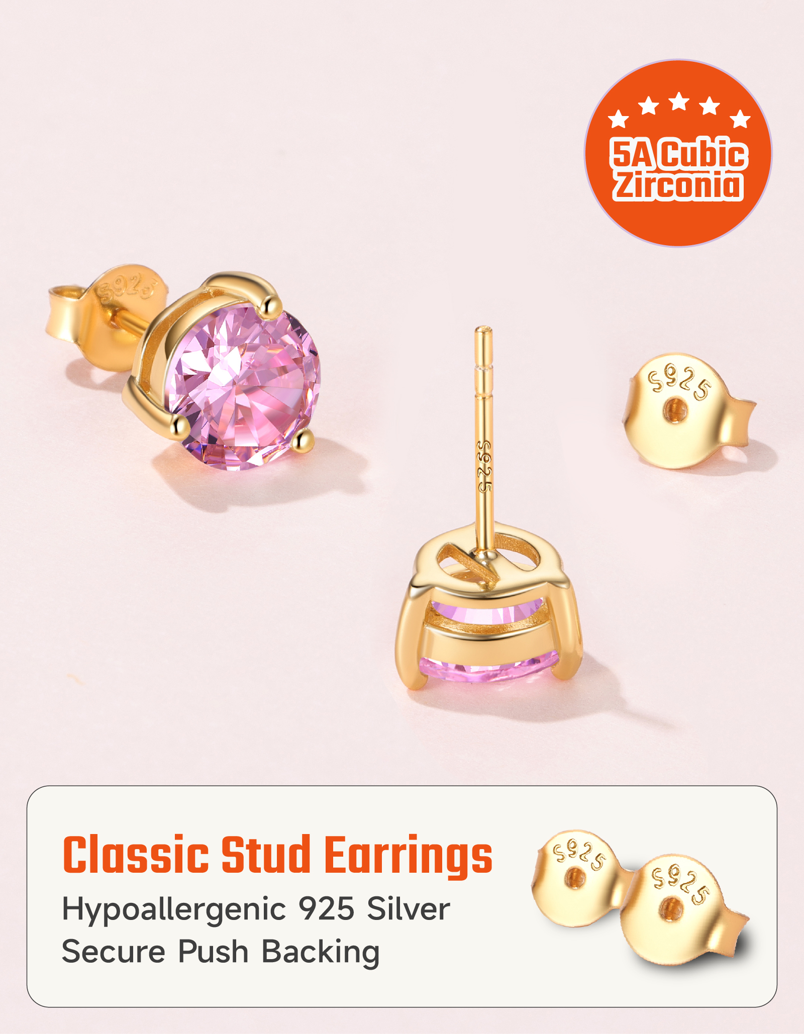 Just Being Cute 3-Prong Sterling Silver Earrings for Women, Round Cut Colorful Cubic Zirconia Earring Studs Valentine's Day Jewelry Gifts for Her Wife with Card