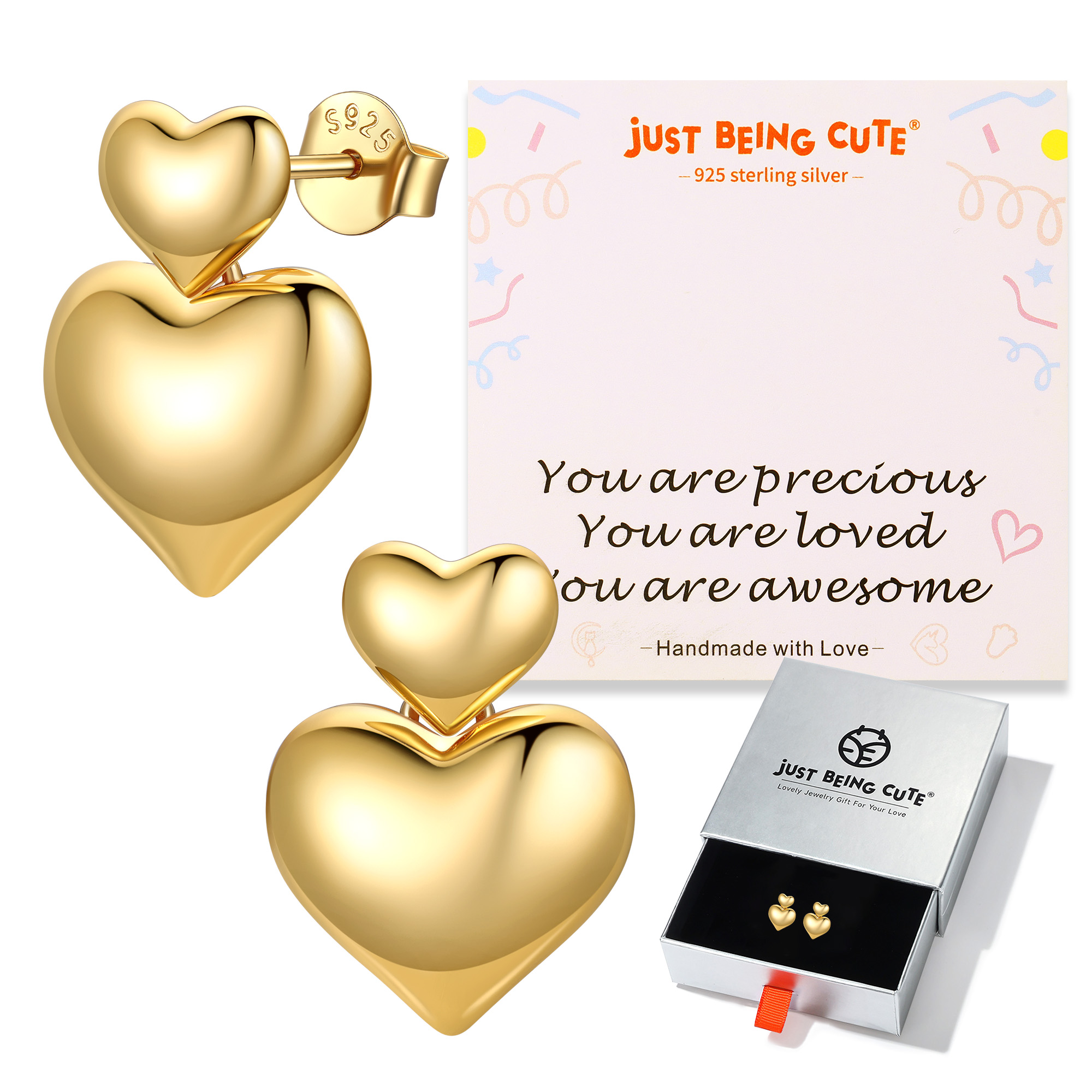 Just Being Cute Heart Earrings for Women, Sterling Silver Double Bubble Hearts Puffy Studs Anniversary Jewelry Gifts for Her Wife with Card