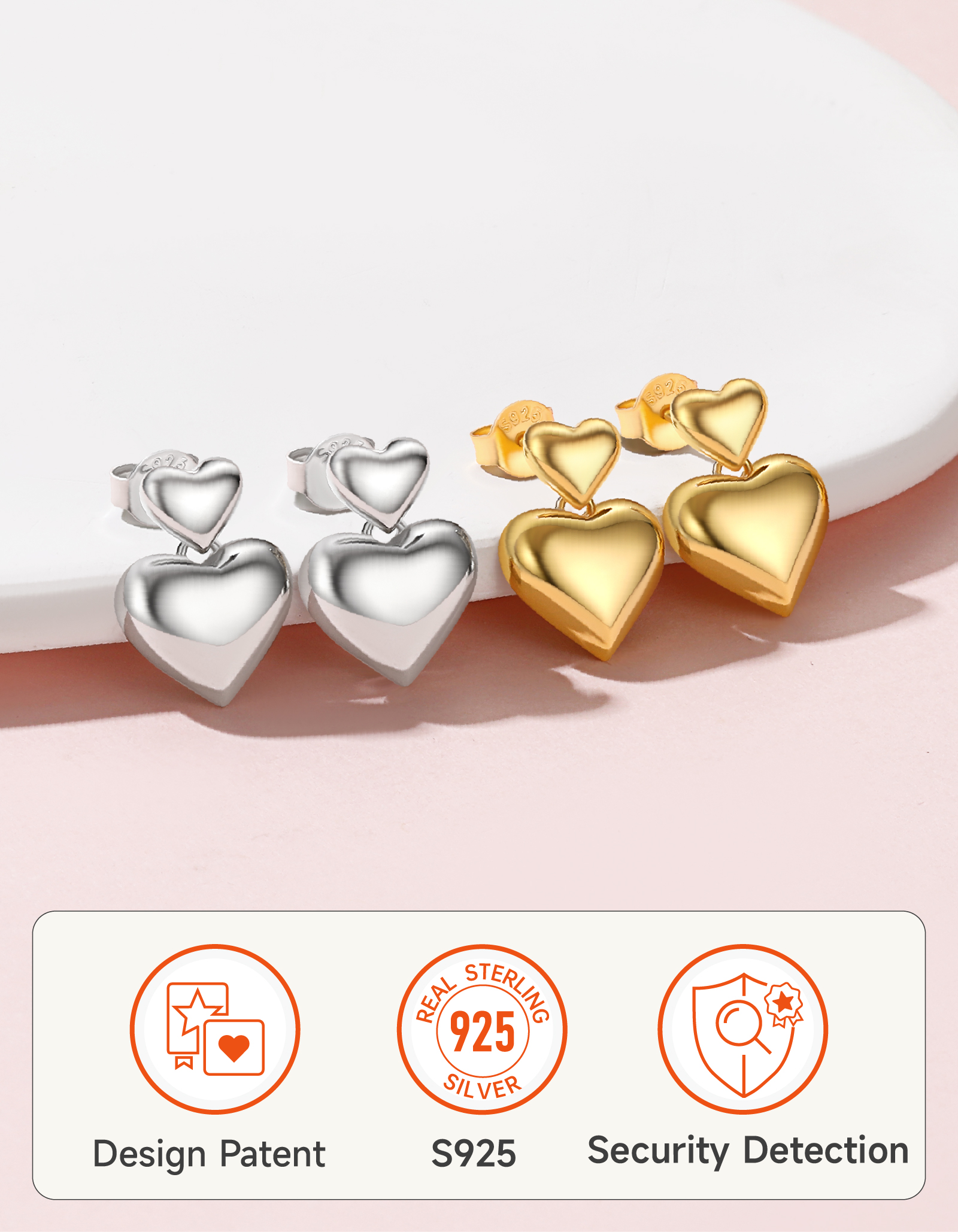 Just Being Cute Heart Earrings for Women, Sterling Silver Double Bubble Hearts Puffy Studs Anniversary Jewelry Gifts for Her Wife with Card
