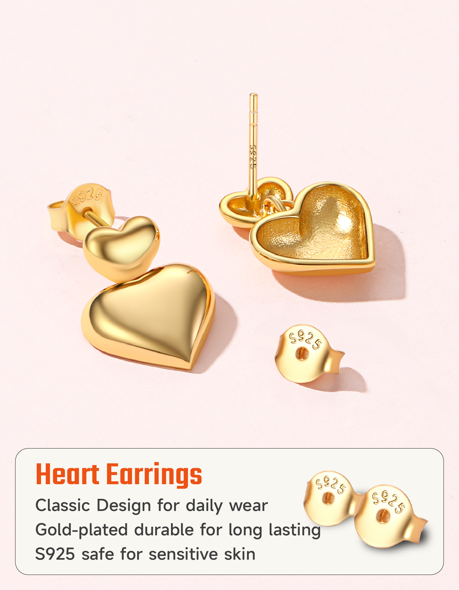Just Being Cute Heart Earrings for Women, Sterling Silver Double Bubble Hearts Puffy Studs Anniversary Jewelry Gifts for Her Wife with Card