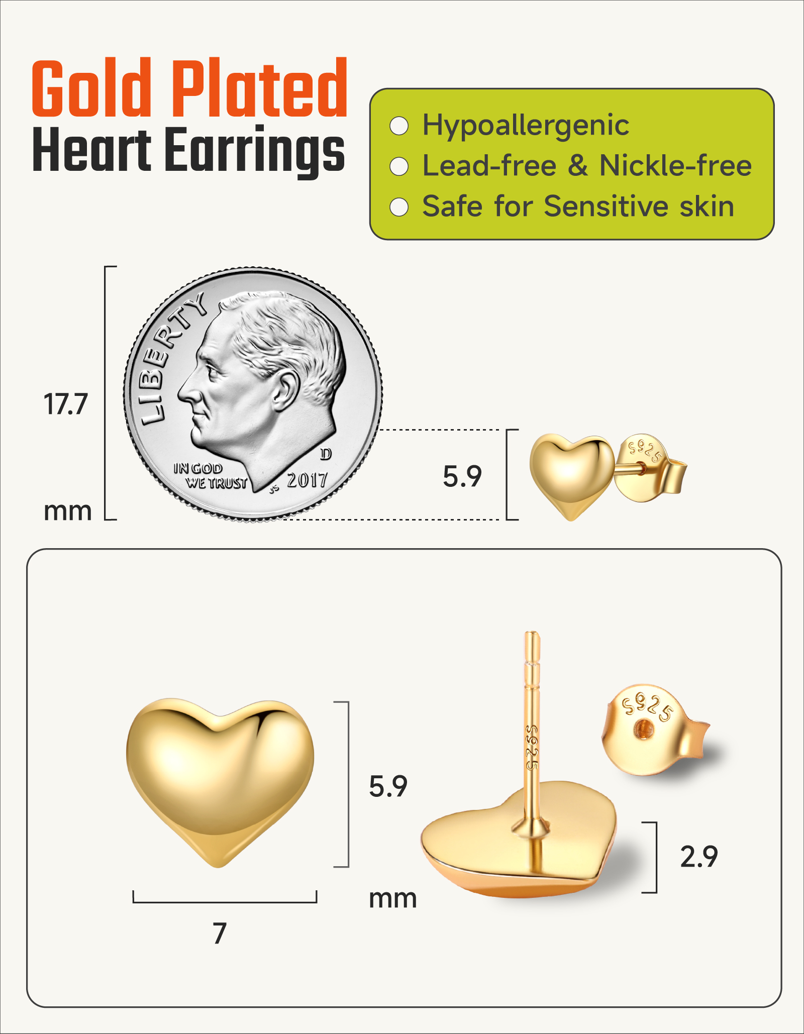 Just Being Cute Bubble Earrings for Women, Copper Love Heart Stud Earring with S925 Posts Minimalist Jewelry Gifts for Birthday Anniversary