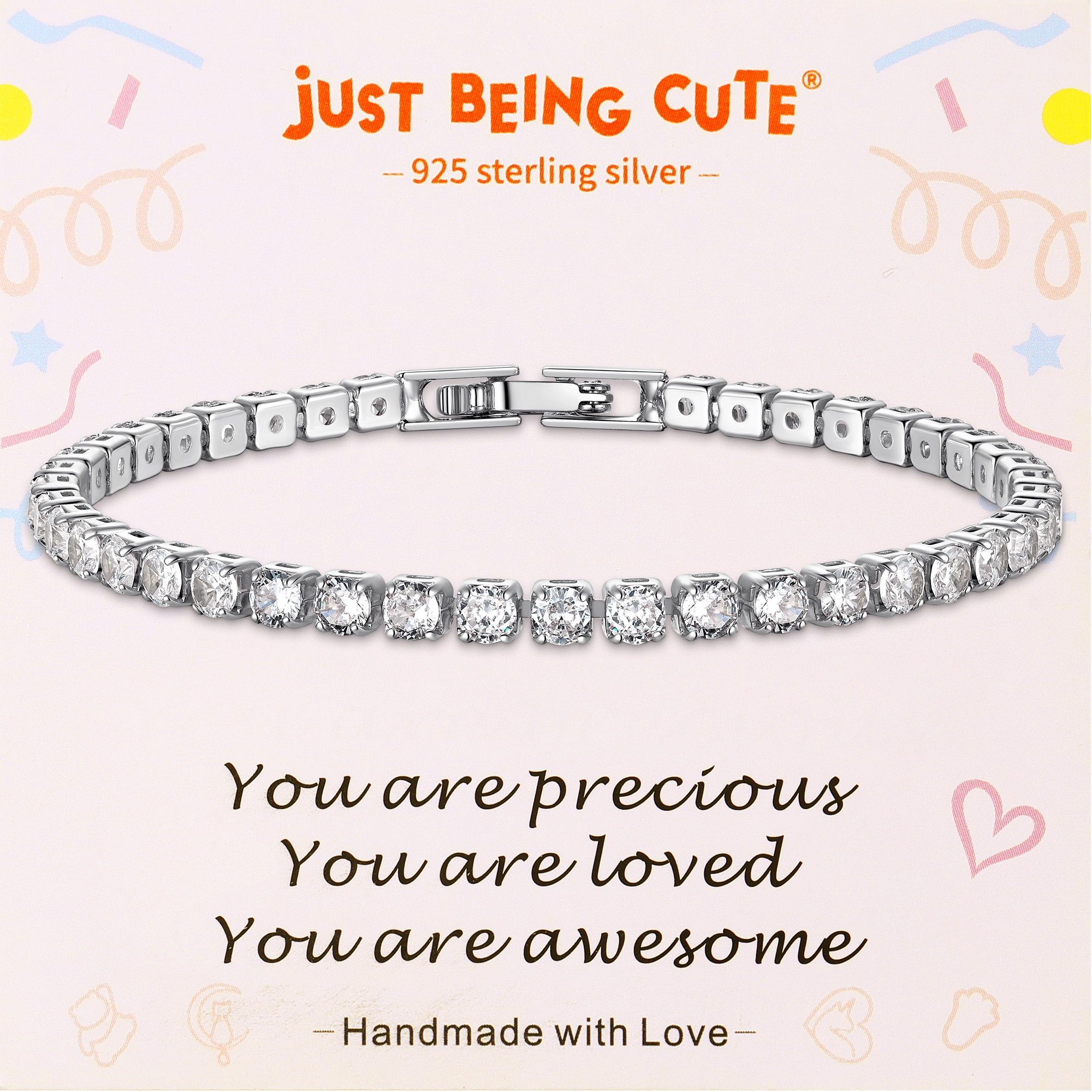 Just Being Cute Tennis Bracelet for Women Cubic Zirconia Bracelets Wedding Birthday Jewelry Gifts with Card for Her Girlfriend