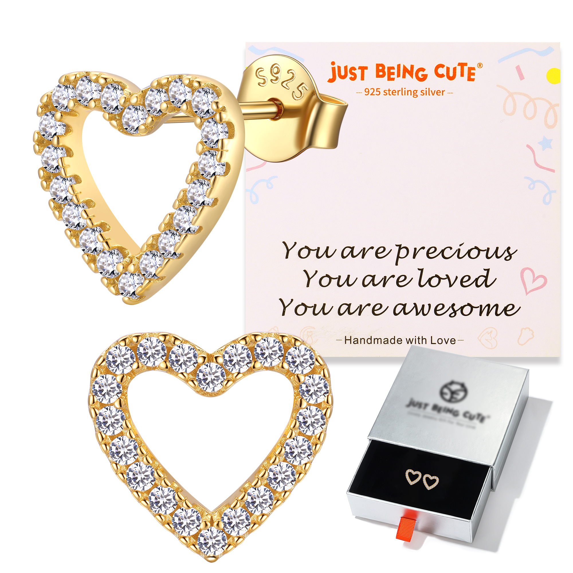 Just Being Cute Heart Stud Earrings for Women Earring with Zircon Birthday Christmas Jewelry Gifts for Girlfriend