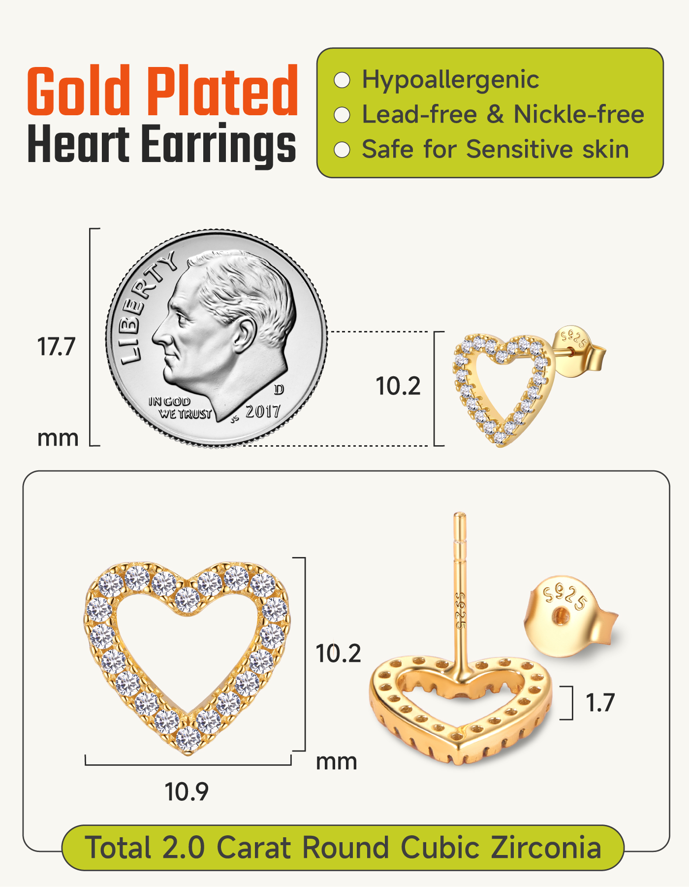 Just Being Cute Heart Stud Earrings for Women Earring with Zircon Birthday Christmas Jewelry Gifts for Girlfriend