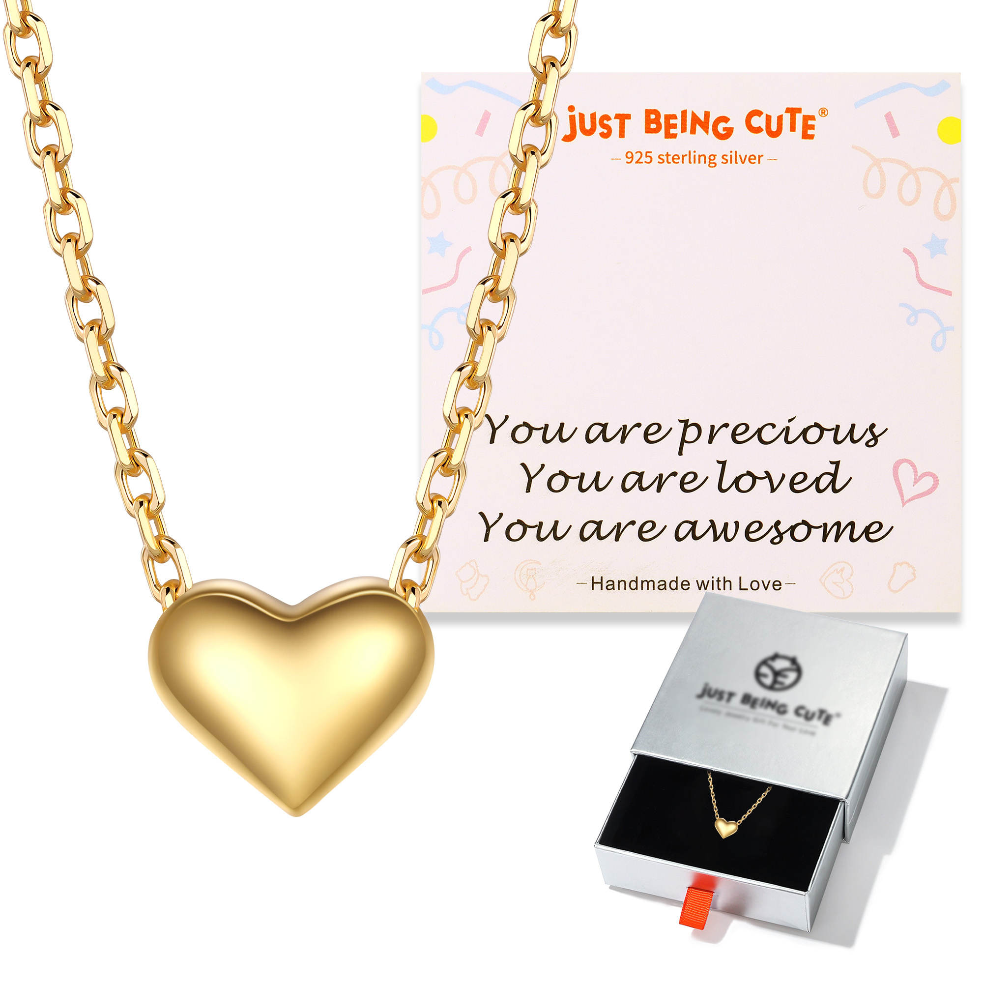 Just Being Cute Puffty Heart Necklace for Women Gold Plated Love Heart Pendant Necklaces Birthday Christmas Jewelry Gifts with Card