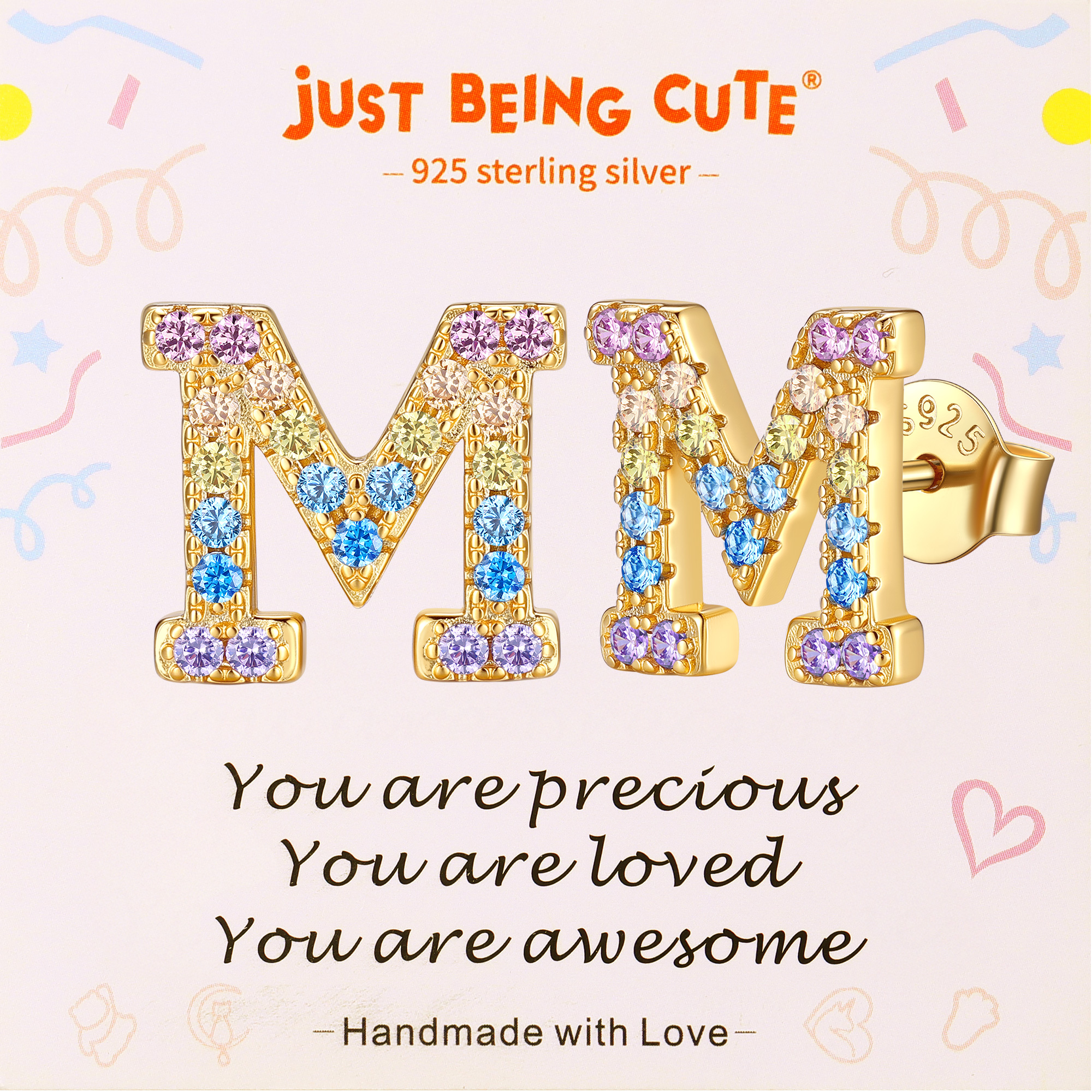 Just Being Cute Initial Earrings for Women Rainbow Cubic Zirconia Letter Stud Earring Hypoallergenic Alphabets A-Z Studs Birthday Christmas Jewelry for Her with Gift Card