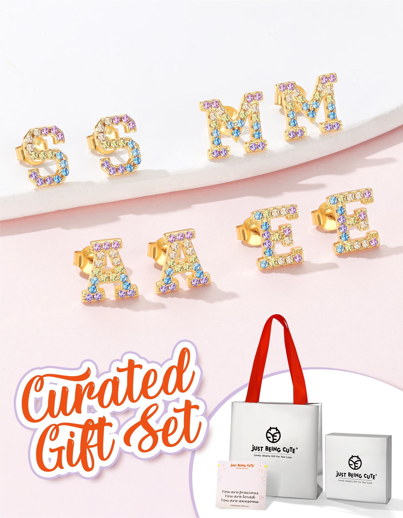 Just Being Cute Initial Earrings for Women Rainbow Cubic Zirconia Letter Stud Earring Hypoallergenic Alphabets A-Z Studs Birthday Christmas Jewelry for Her with Gift Card