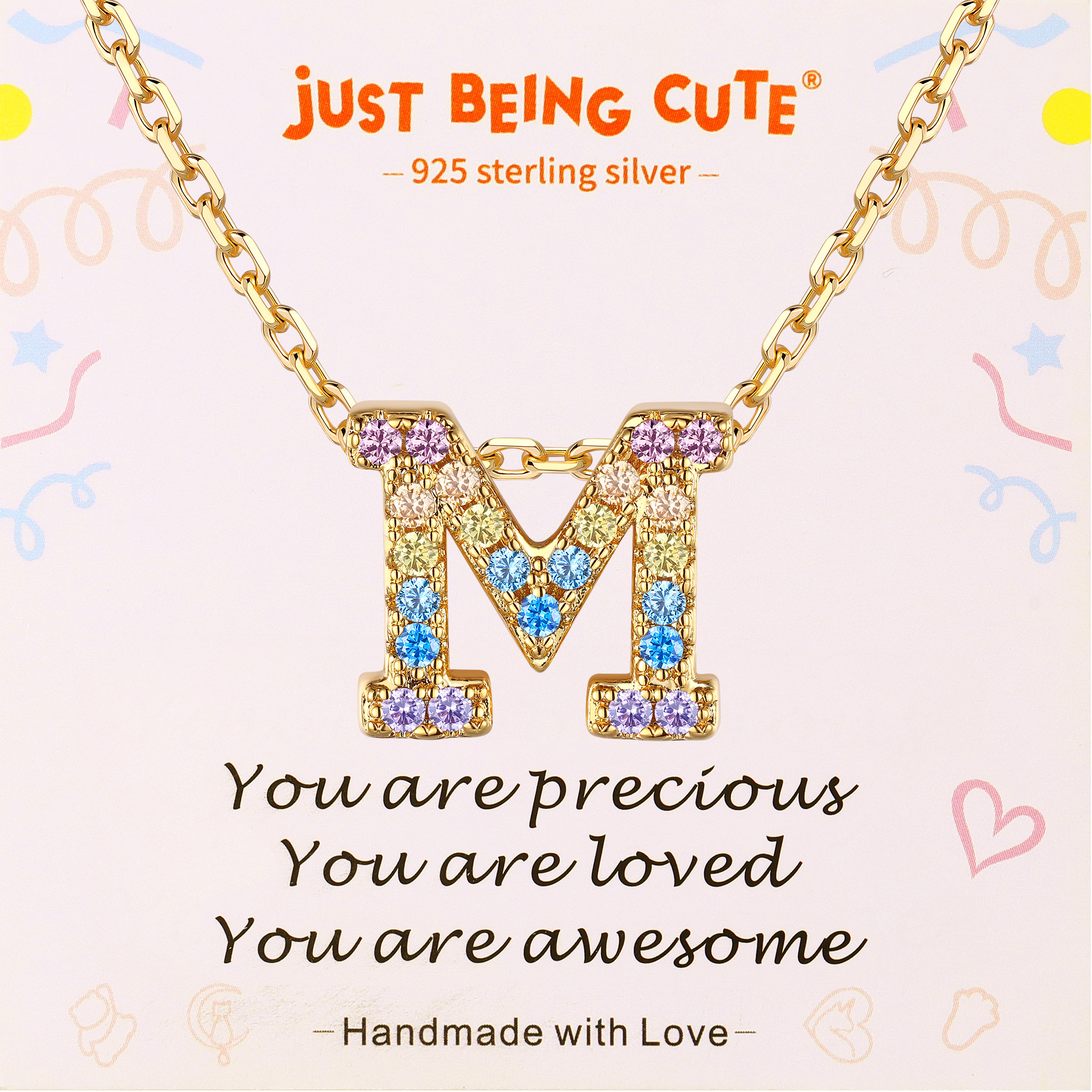 Just Being Cute Initial Necklace for Women Dainty Rainbow Cubic Zirconia Letter A-Z Pendant, Gold Plated Personalized Name Necklaces Birthday Christmas Jewelry Gifts for Her