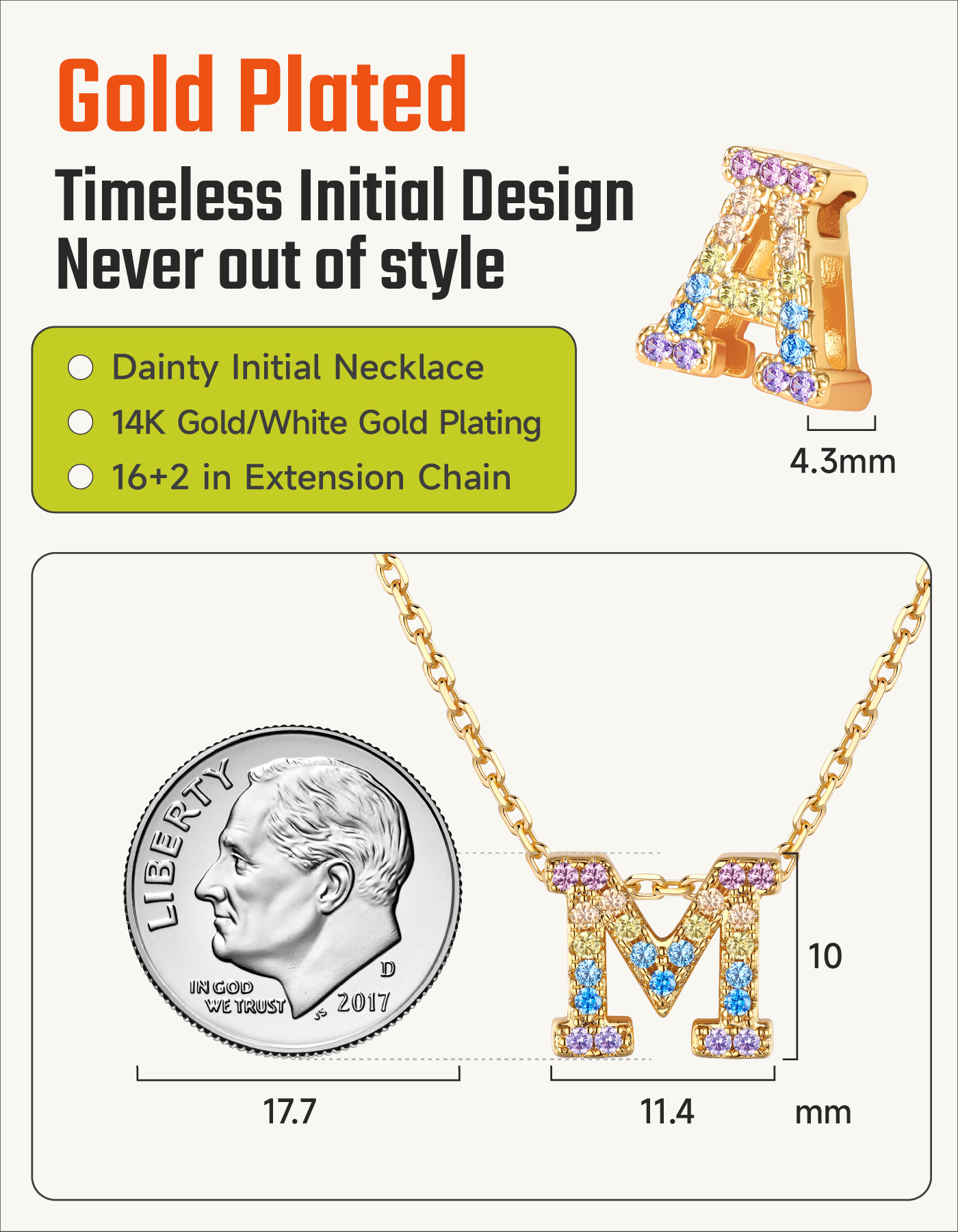 Just Being Cute Initial Necklace for Women Dainty Rainbow Cubic Zirconia Letter A-Z Pendant, Gold Plated Personalized Name Necklaces Birthday Christmas Jewelry Gifts for Her