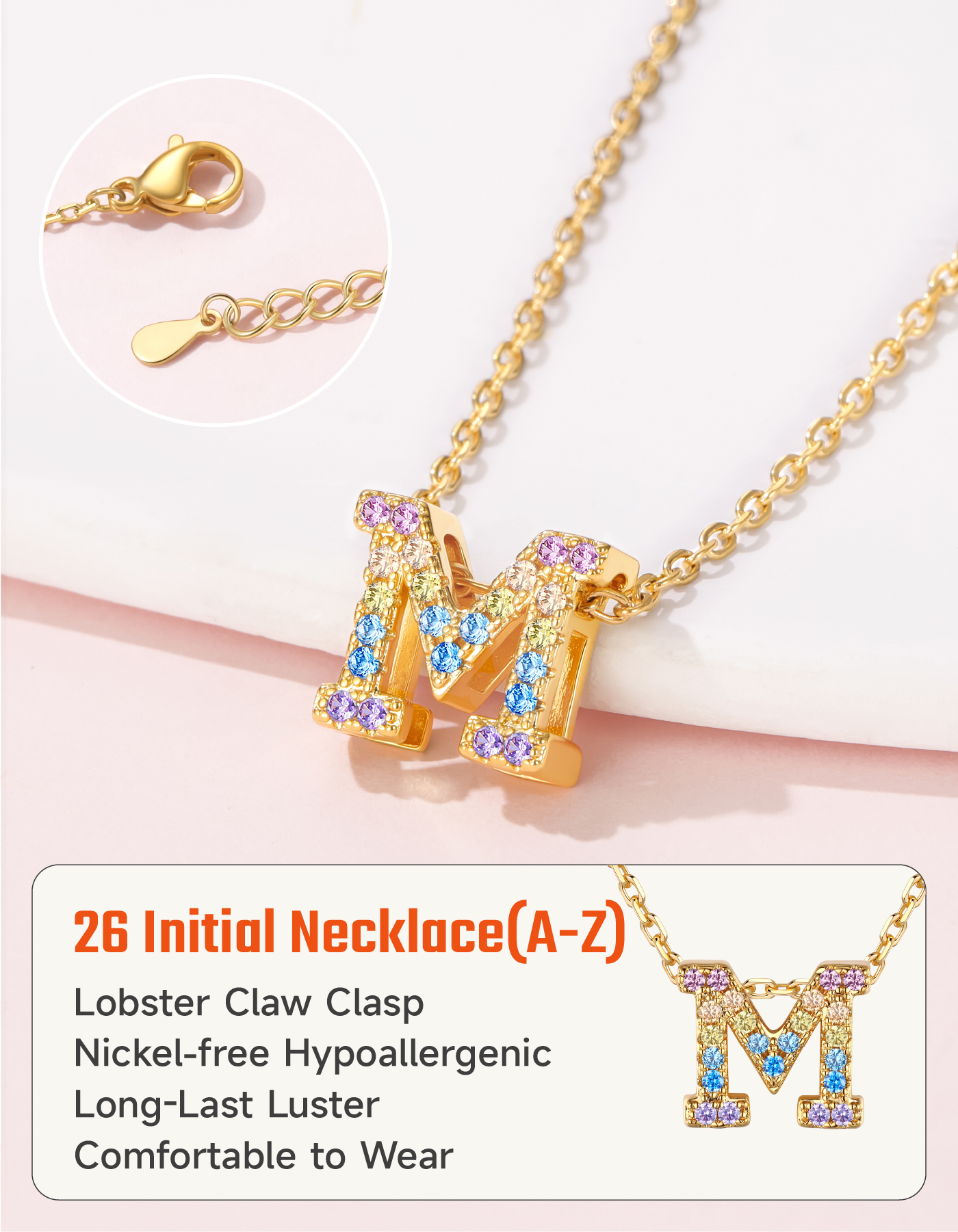 Just Being Cute Initial Necklace for Women Dainty Rainbow Cubic Zirconia Letter A-Z Pendant, Gold Plated Personalized Name Necklaces Birthday Christmas Jewelry Gifts for Her