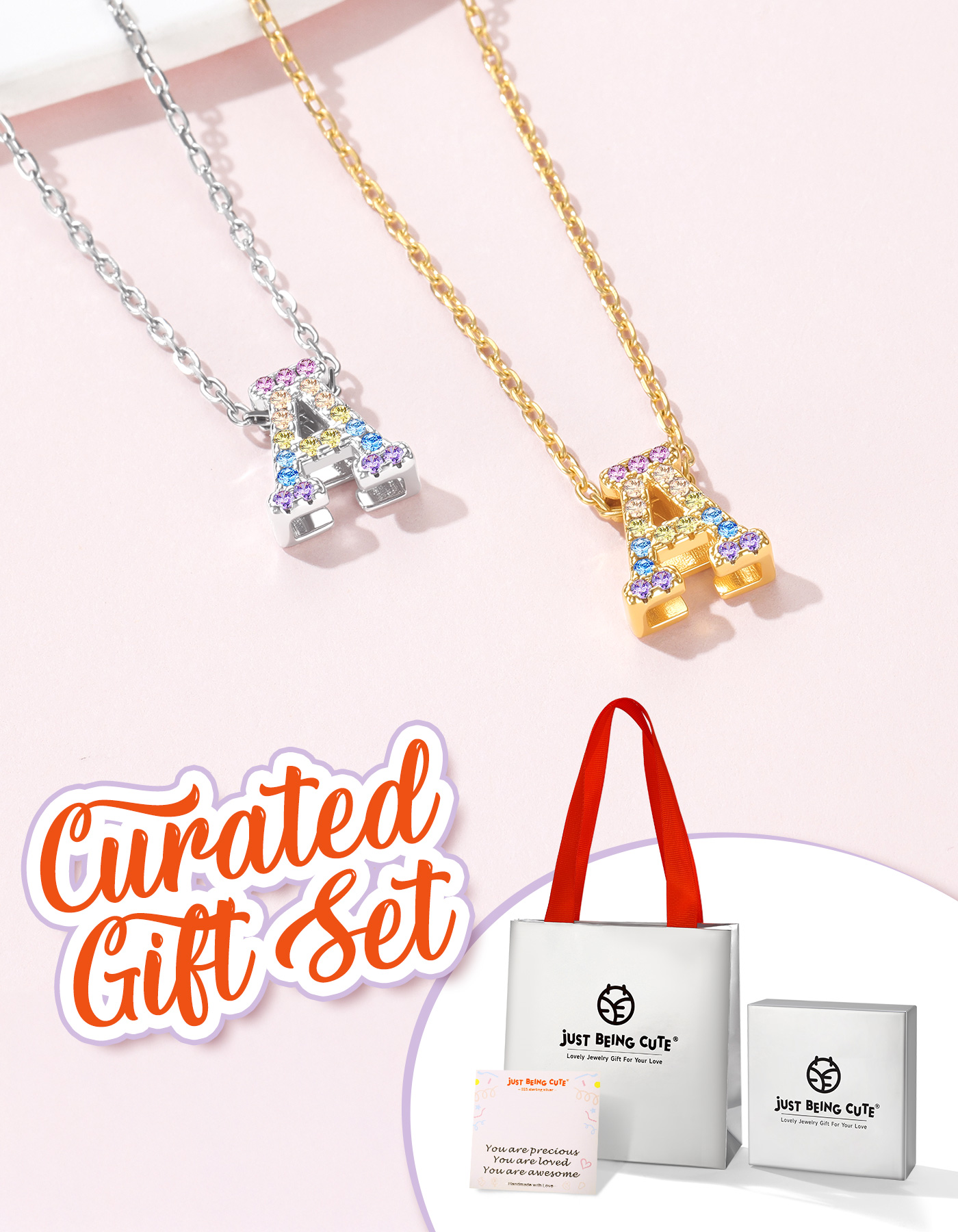 Just Being Cute Initial Necklace for Women Dainty Rainbow Cubic Zirconia Letter A-Z Pendant, Gold Plated Personalized Name Necklaces Birthday Christmas Jewelry Gifts for Her