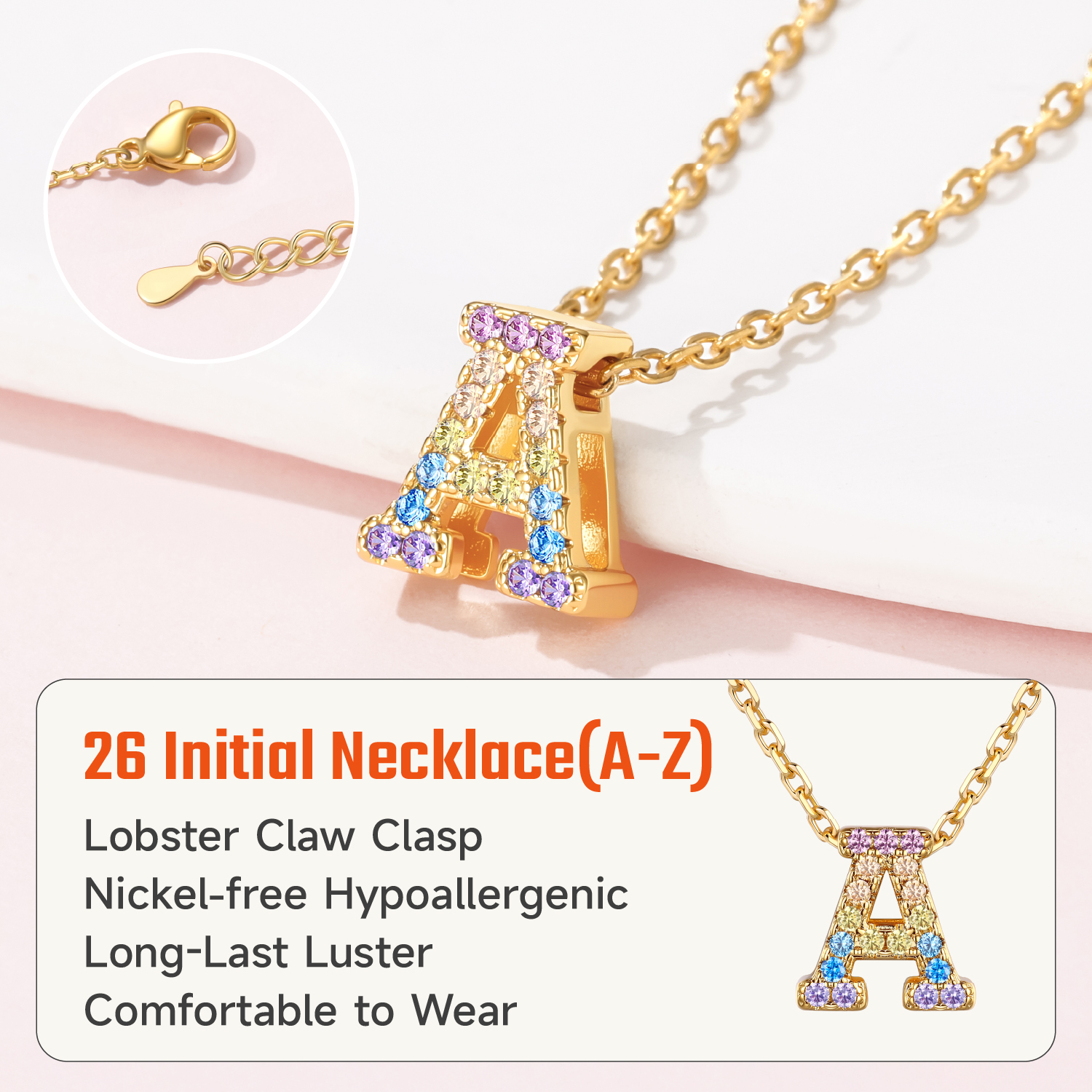 Just Being Cute Women Initial Jewelry Set, 14K Gold Plated Necklace Earrings with Colorful Cubic Zirconia, Personalized Name Birthday Valentines Day Gifts Her Girlfriend Wife Lady Adults Age Ideas