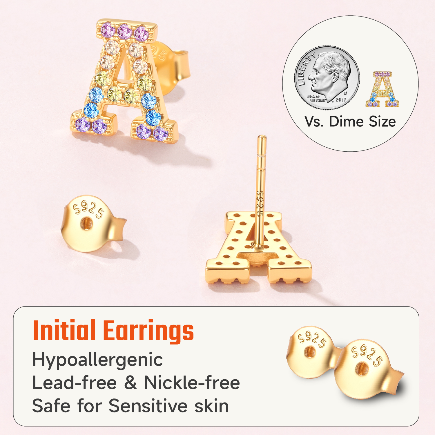 Just Being Cute Women Initial Jewelry Set, 14K Gold Plated Necklace Earrings with Colorful Cubic Zirconia, Personalized Name Birthday Valentines Day Gifts Her Girlfriend Wife Lady Adults Age Ideas