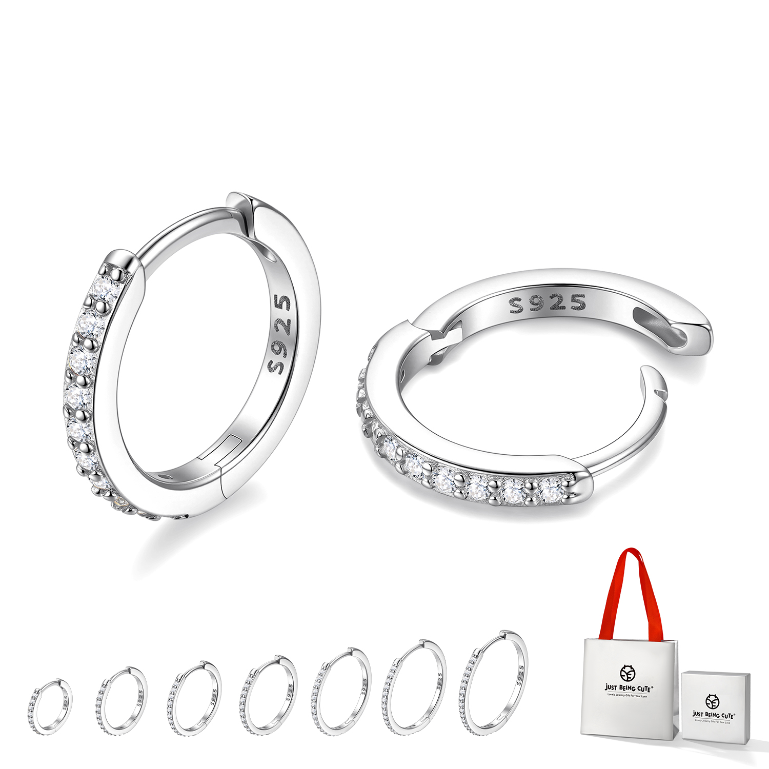 Just Being Cute White Gold Plated Hoop Earrings for Women, Lightweight Small Cubic Zirconia Huggie Hoop Earrings with 925 Sterling Silver Pins & Backs, Valentines Gifts for Her with Box