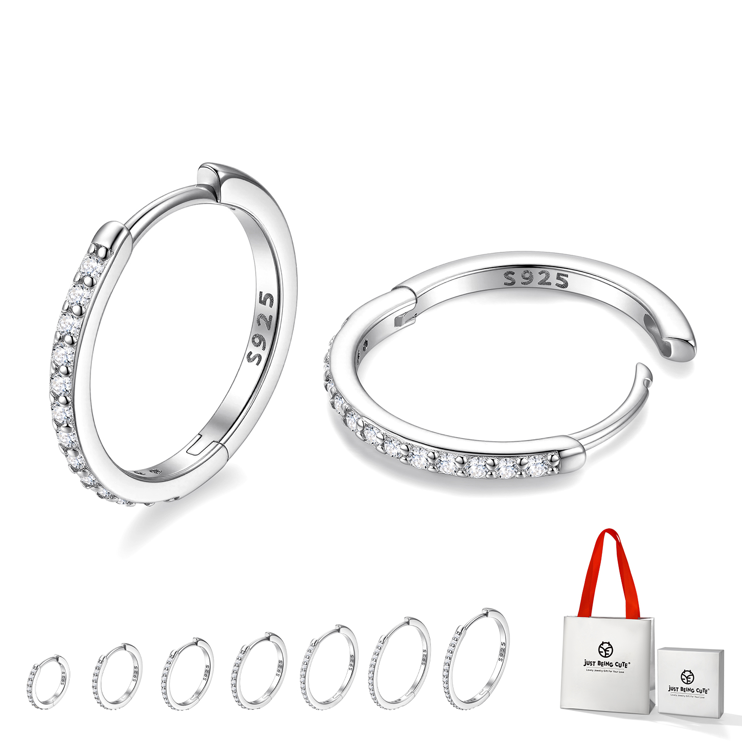 Just Being Cute White Gold Plated Hoop Earrings for Women, Lightweight Small Cubic Zirconia Huggie Hoop Earrings with 925 Sterling Silver Pins & Backs, Valentines Gifts for Her with Box