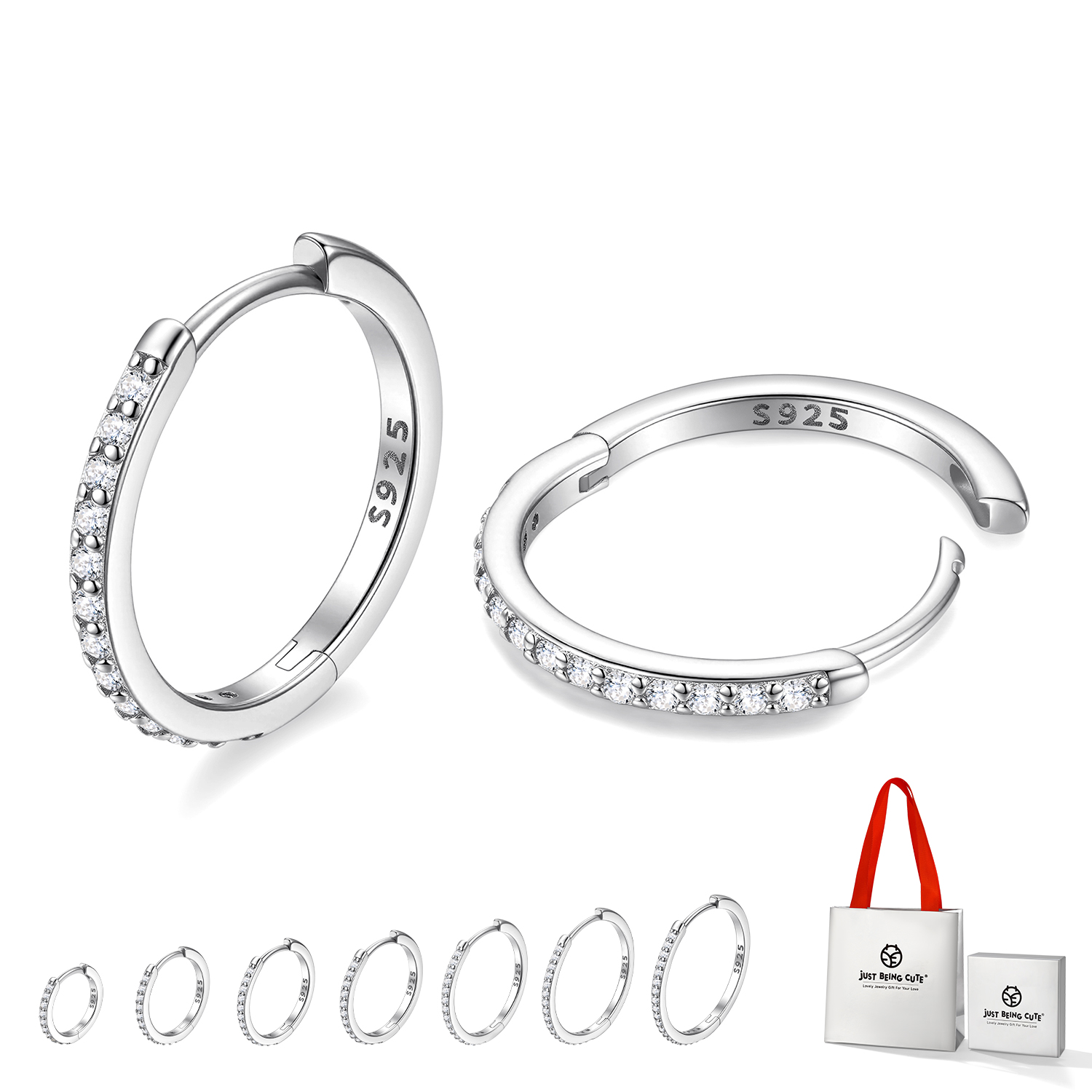 Just Being Cute White Gold Plated Hoop Earrings for Women, Lightweight Small Cubic Zirconia Huggie Hoop Earrings with 925 Sterling Silver Pins & Backs, Valentines Gifts for Her with Box