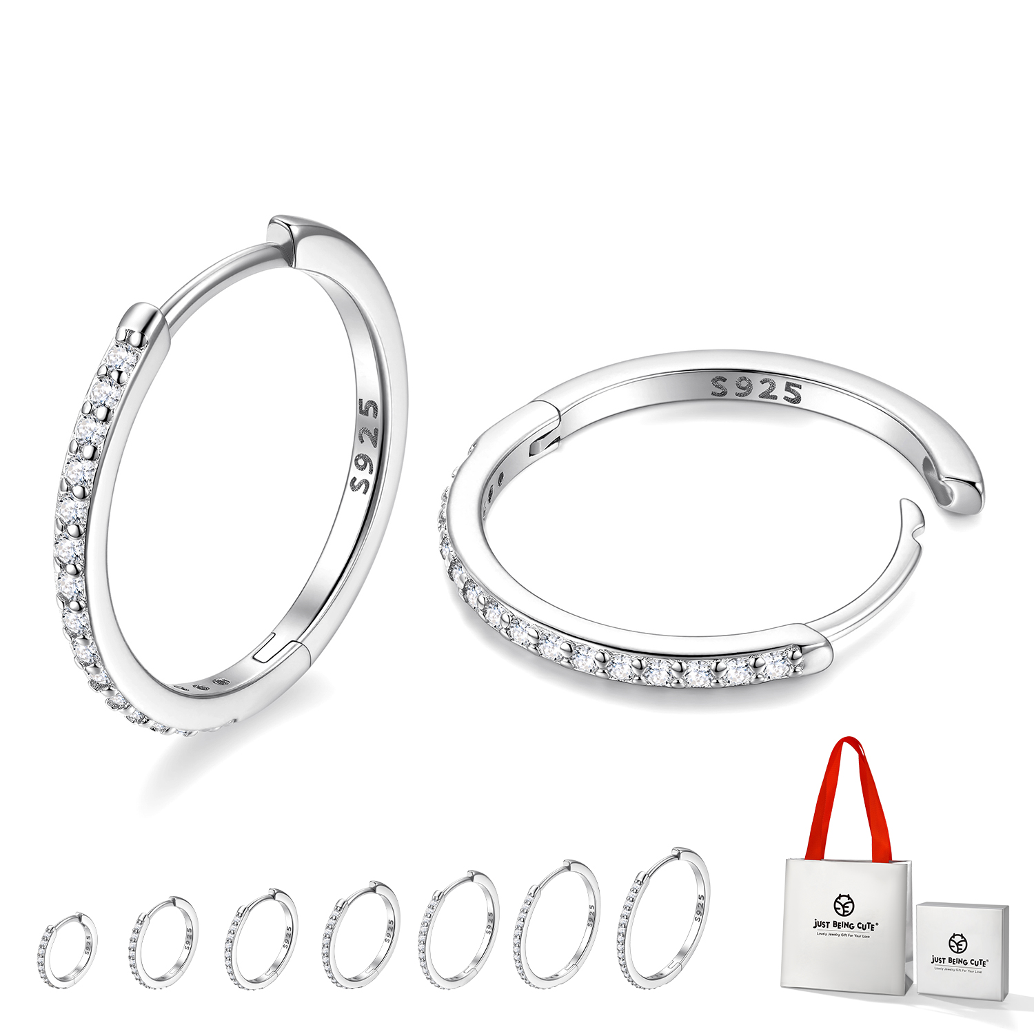 Just Being Cute White Gold Plated Hoop Earrings for Women, Lightweight Small Cubic Zirconia Huggie Hoop Earrings with 925 Sterling Silver Pins & Backs, Valentines Gifts for Her with Box