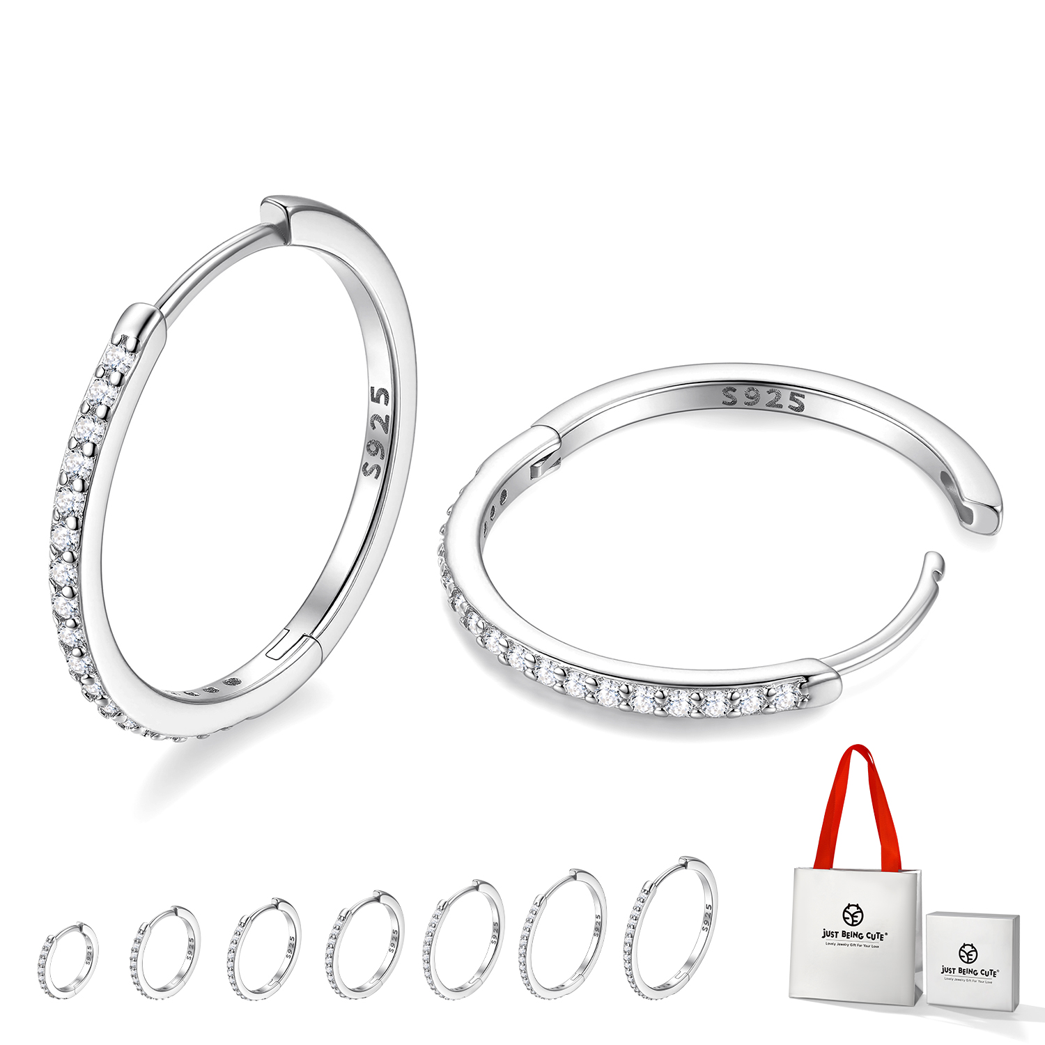 Just Being Cute White Gold Plated Hoop Earrings for Women, Lightweight Small Cubic Zirconia Huggie Hoop Earrings with 925 Sterling Silver Pins & Backs, Valentines Gifts for Her with Box